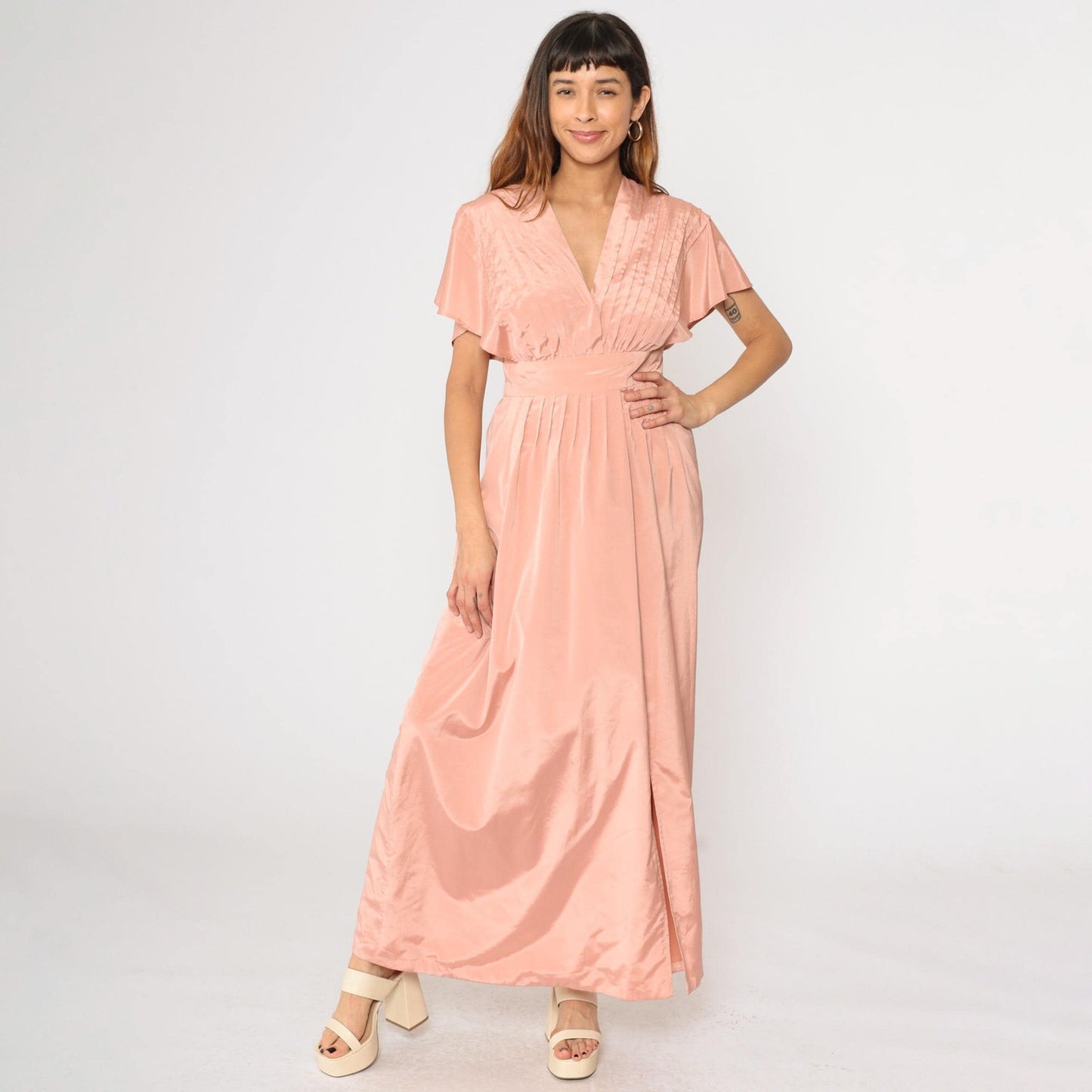 70s Pink Pleated Maxi Dress Flutter Sleeve V-Neck High Waist Front Slit Medium