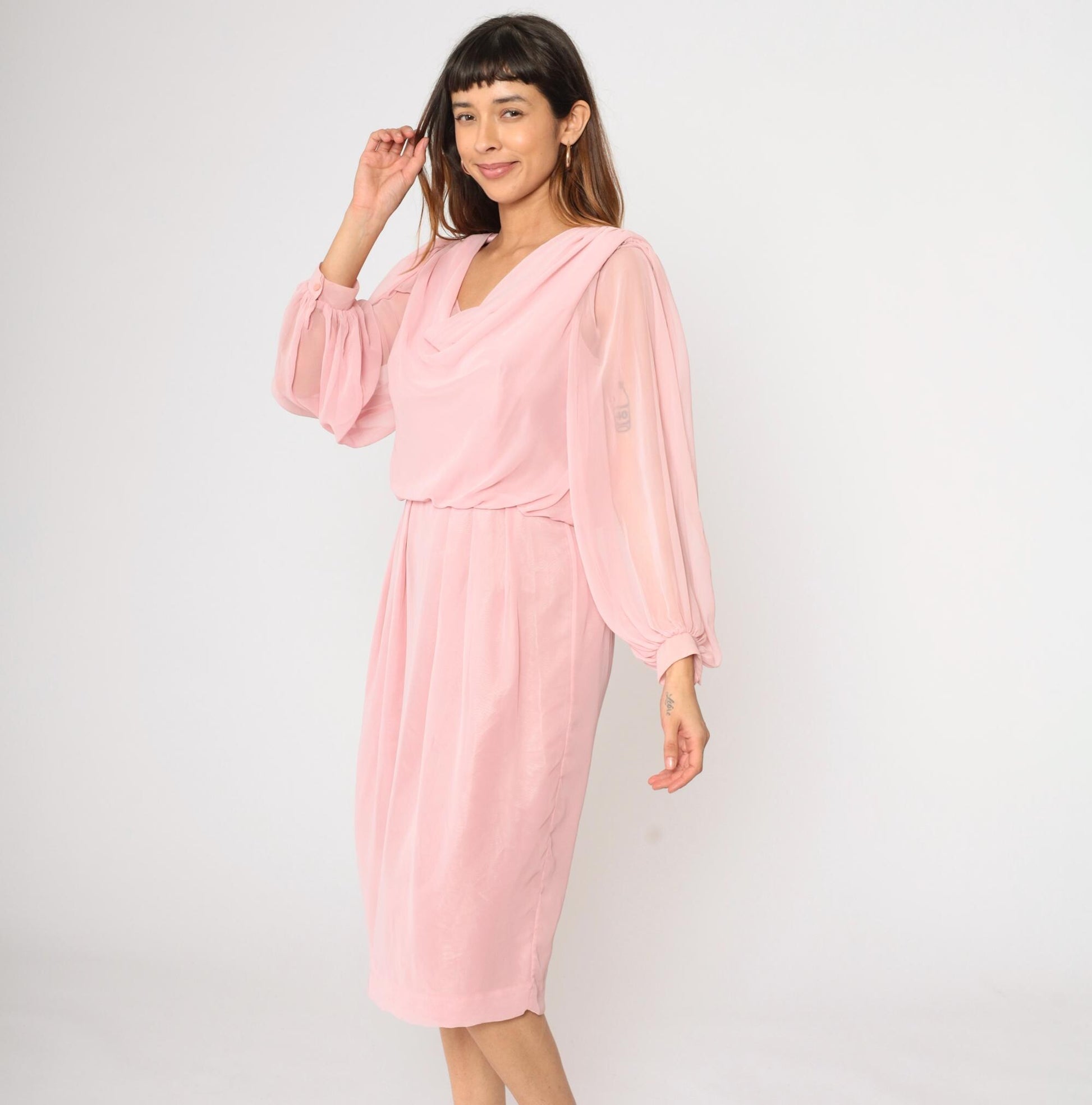 80s Susan Howard California Pink Chiffon Cowl Neck Midi Dress Medium M
