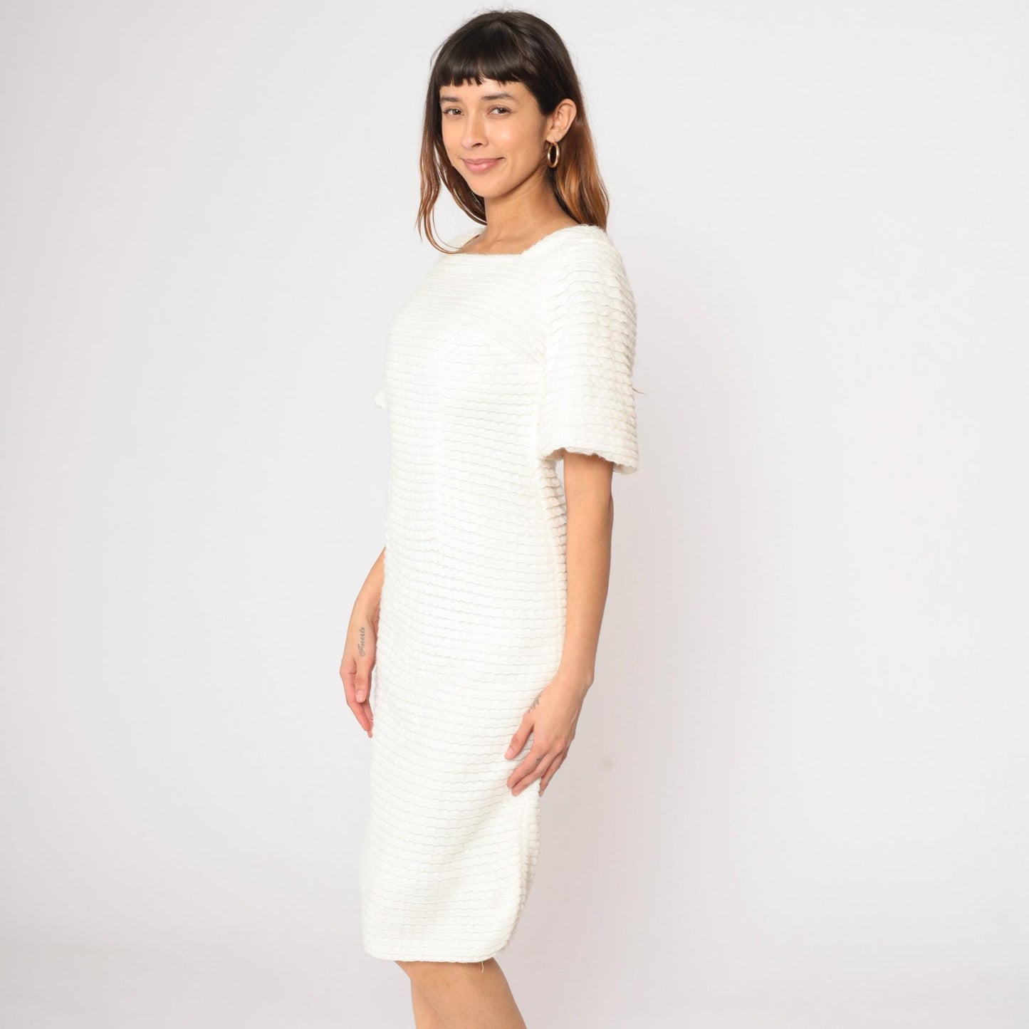 60s White Textured Knit Dress Square Neck Puff Sleeve Sheath Midi Small