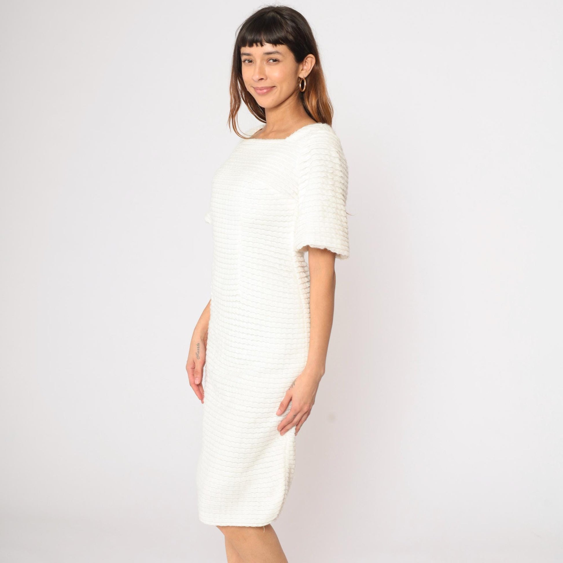 60s White Textured Knit Dress Square Neck Puff Sleeve Sheath Midi Small