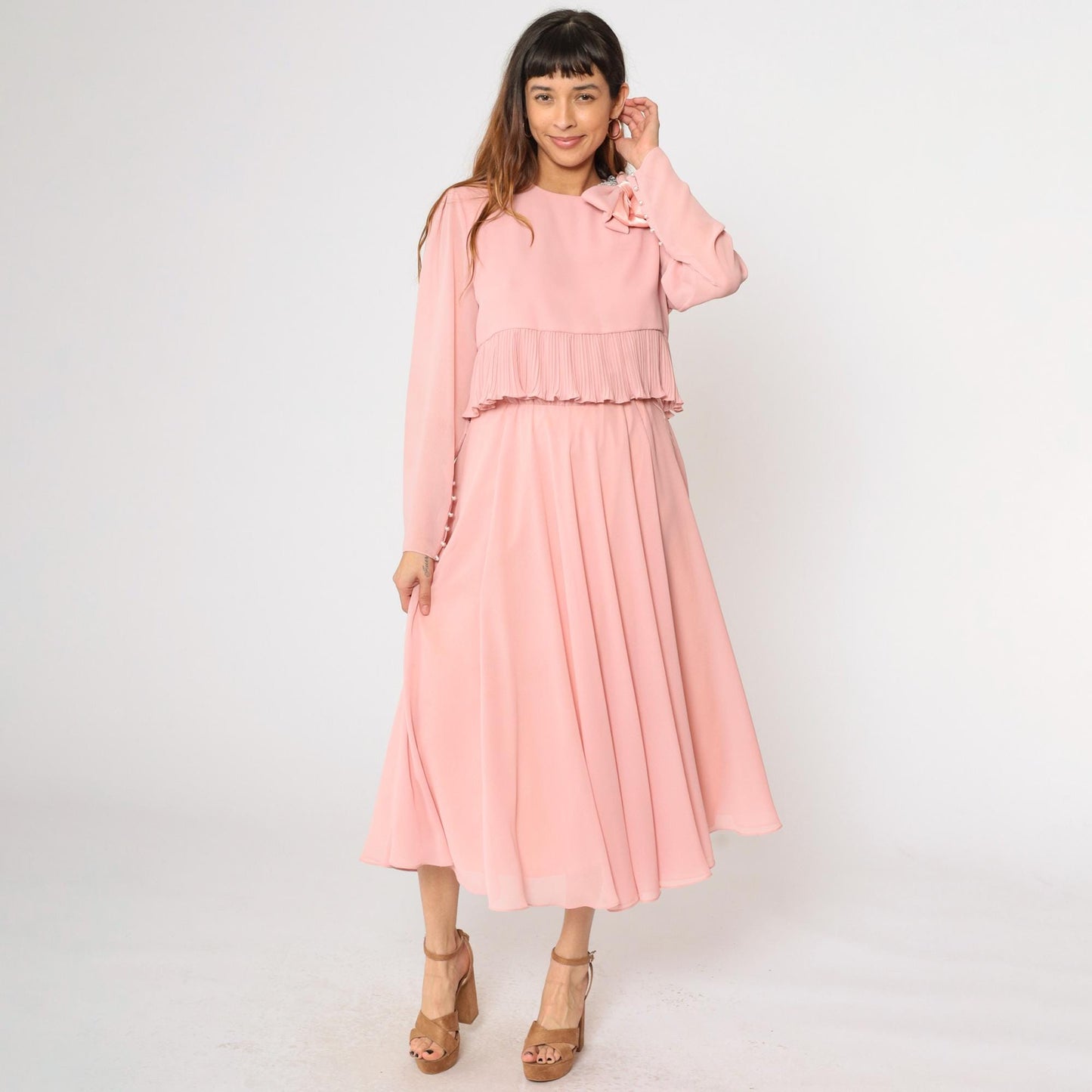 80s Ursula of Switzerland Pink Chiffon Midi Dress Puff Sleeve Bow Medium