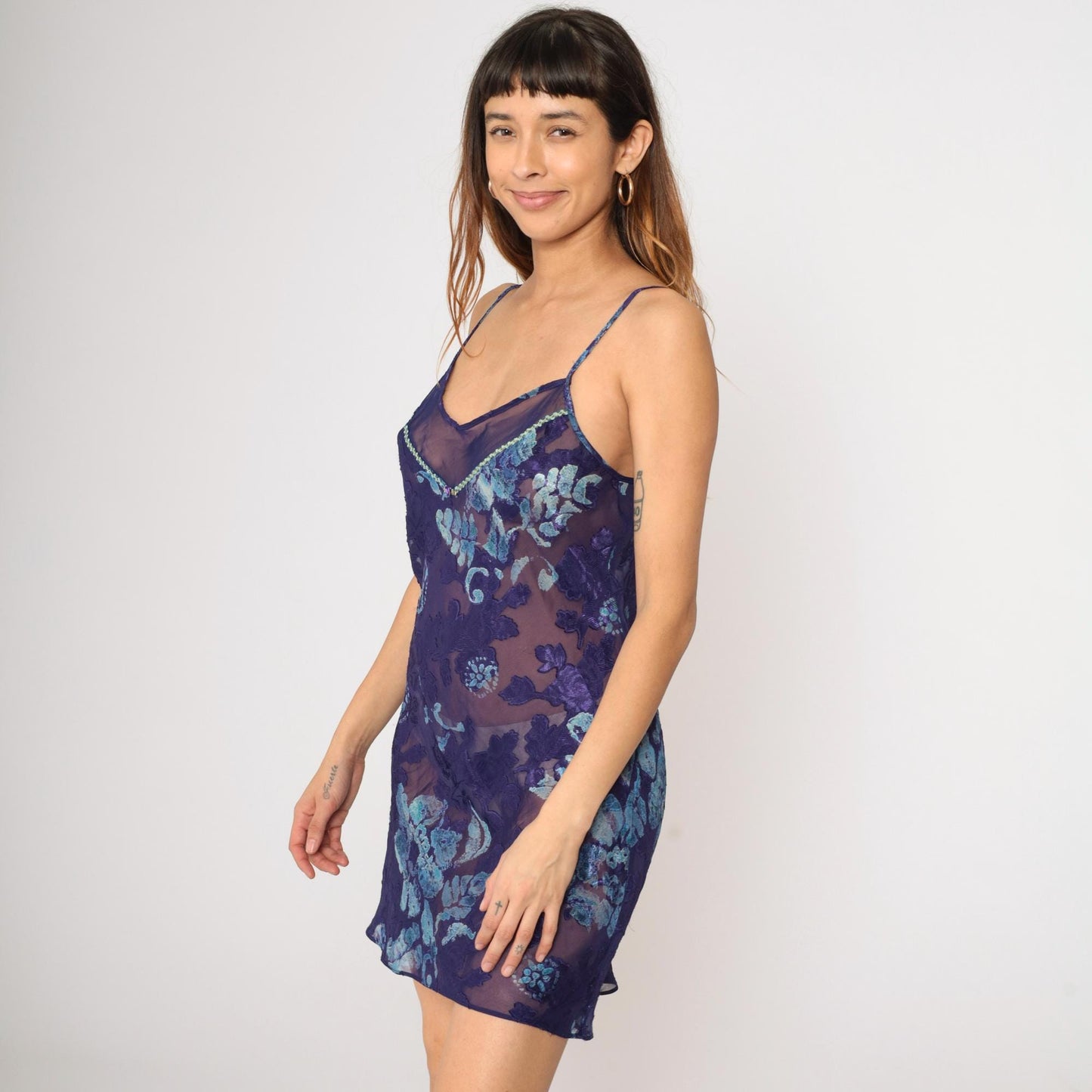 90s Purple Floral Burnout Chiffon Slip Dress Spaghetti Strap Mini Medium
