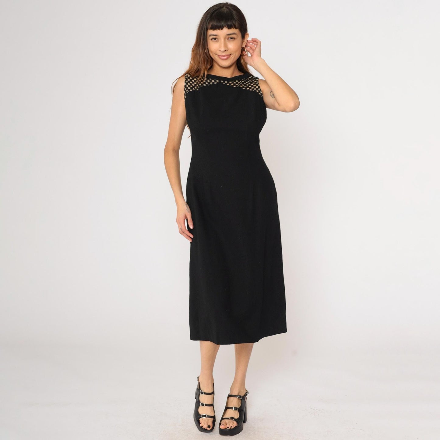1960s Black Wool Midi Cocktail Dress Sheer Checkered Yoke Sleeveless Medium