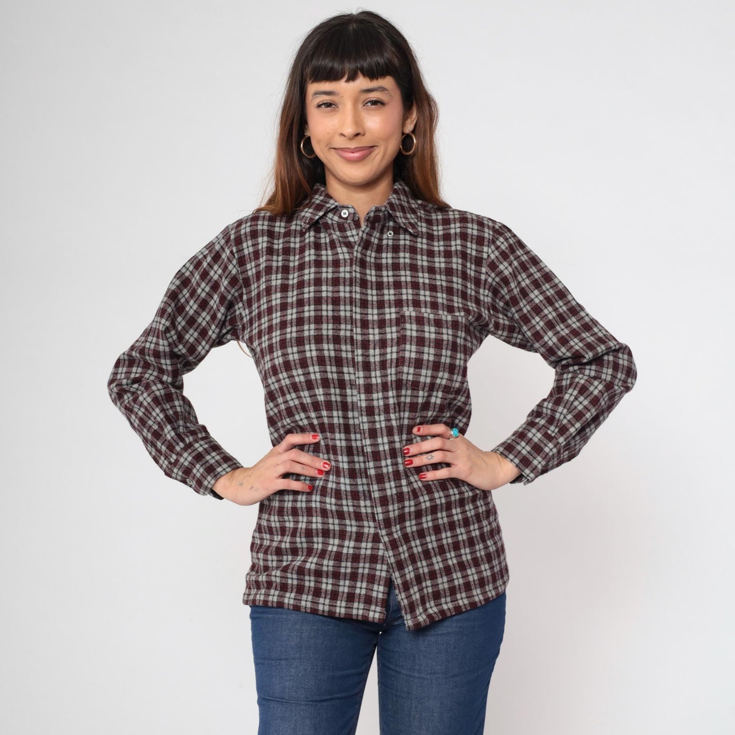 80s Rollex Wool Blend Plaid Button-Up Shirt Grey Red Small