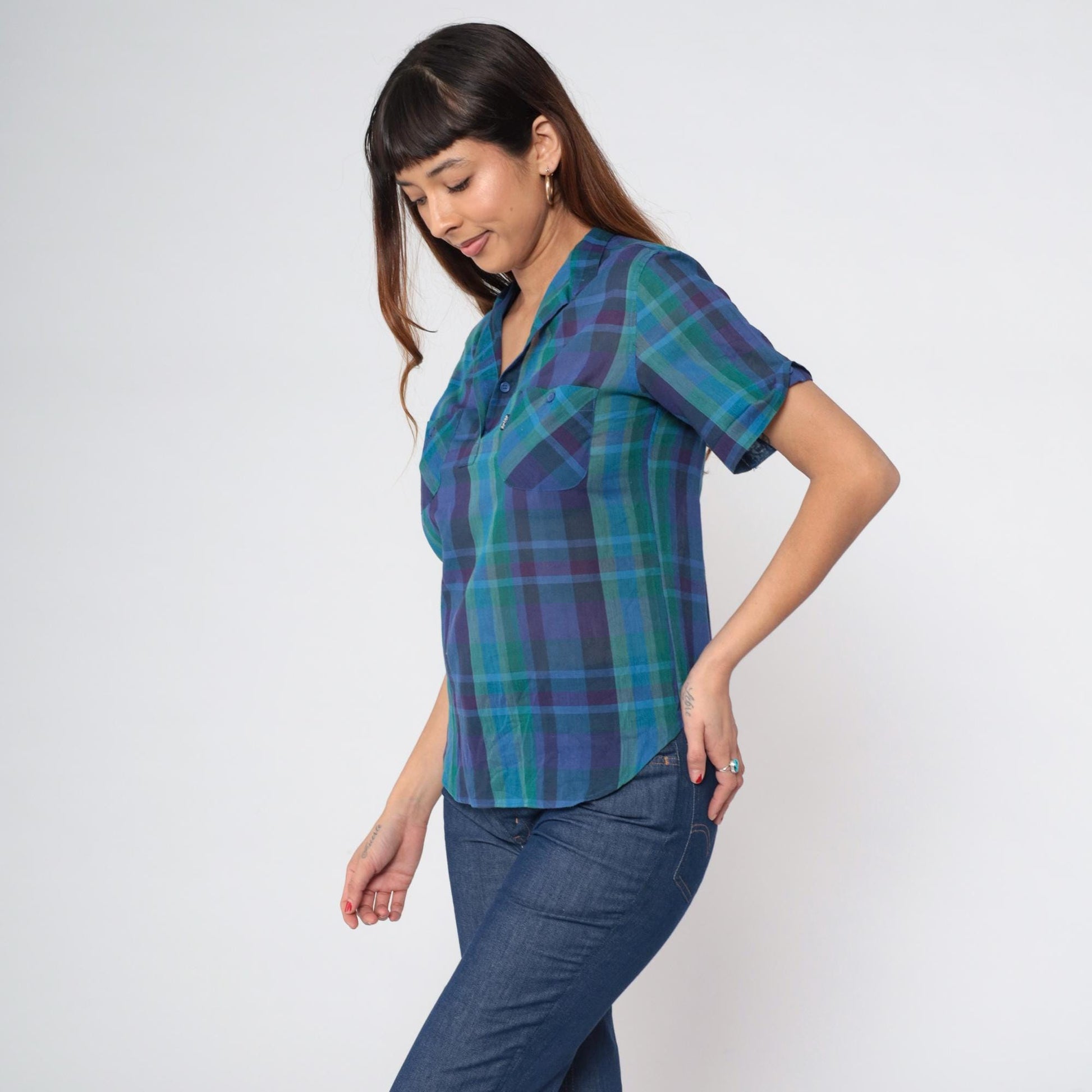 80s Levi's Plaid Button-Up Blouse Purple Blue Green Mandarin Collar Small S