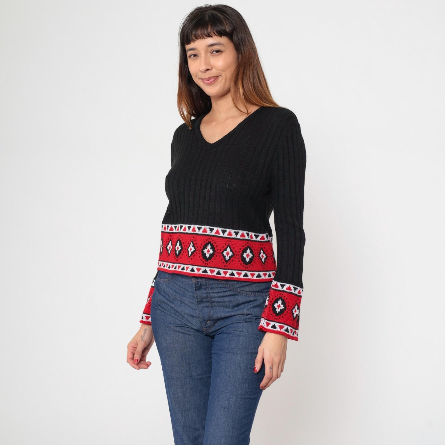 80s LA Express Geometric Bell Sleeve Sweater Black Knit Cropped V-Neck Medium
