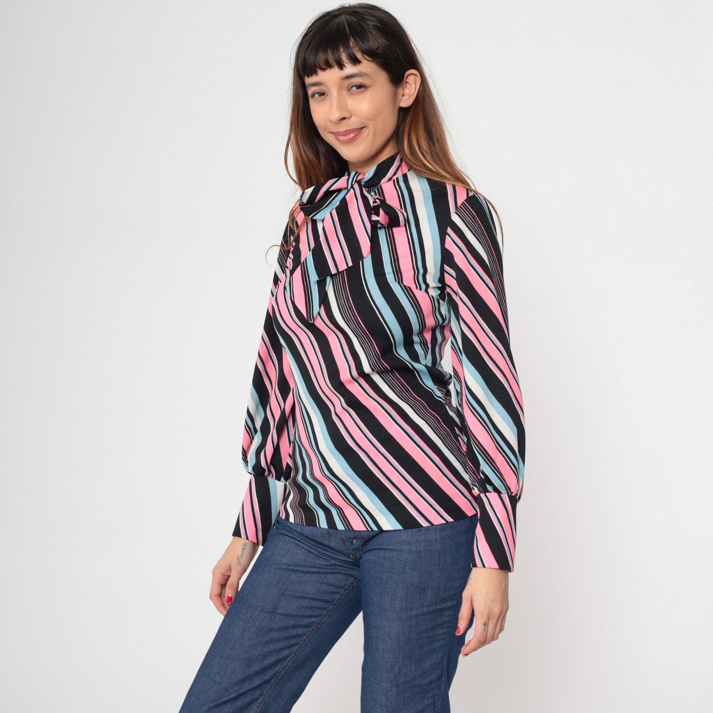 70s The Islander Striped Ascot Blouse Pink Blue Black Long Sleeve Small