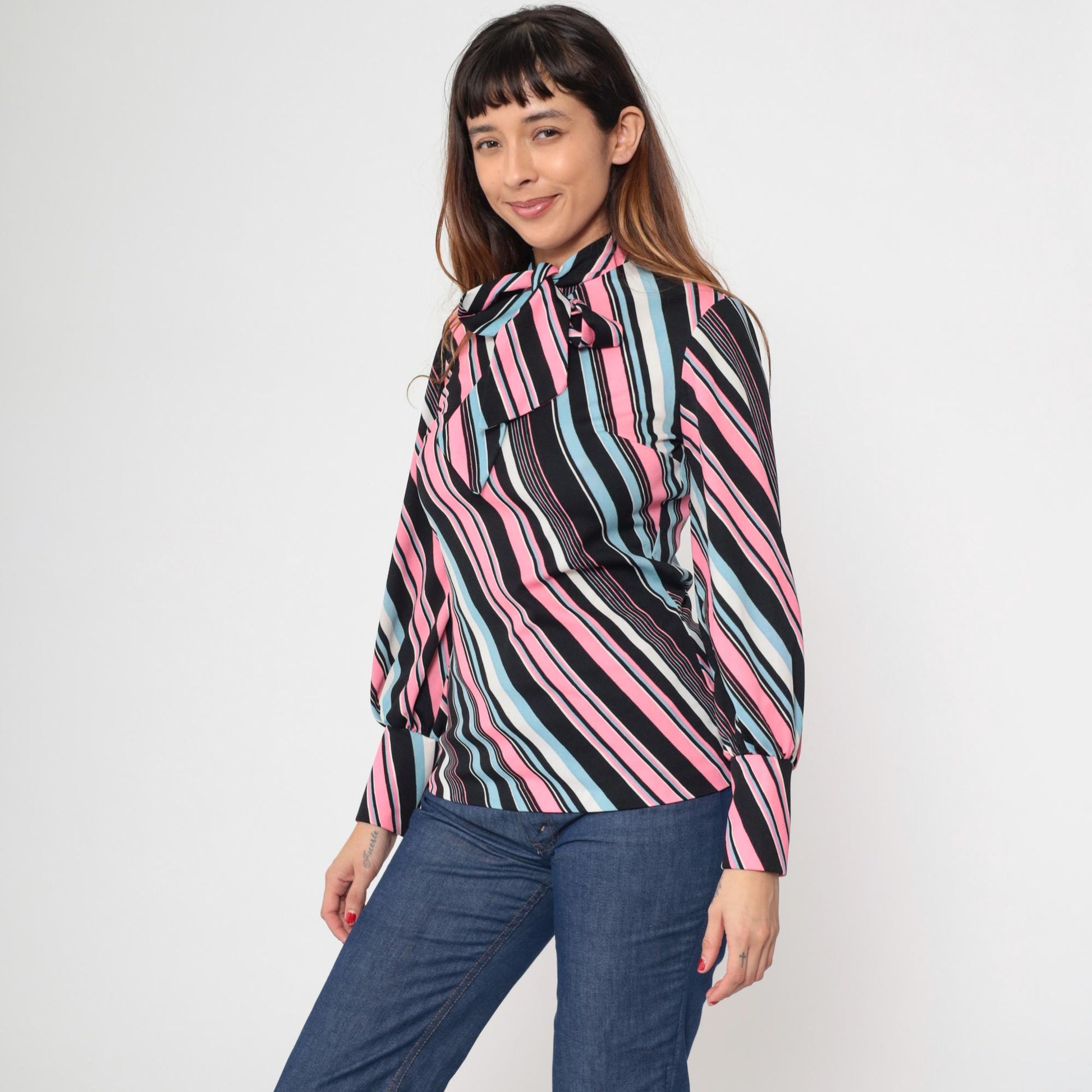 70s The Islander Striped Ascot Blouse Pink Blue Black Long Sleeve Small
