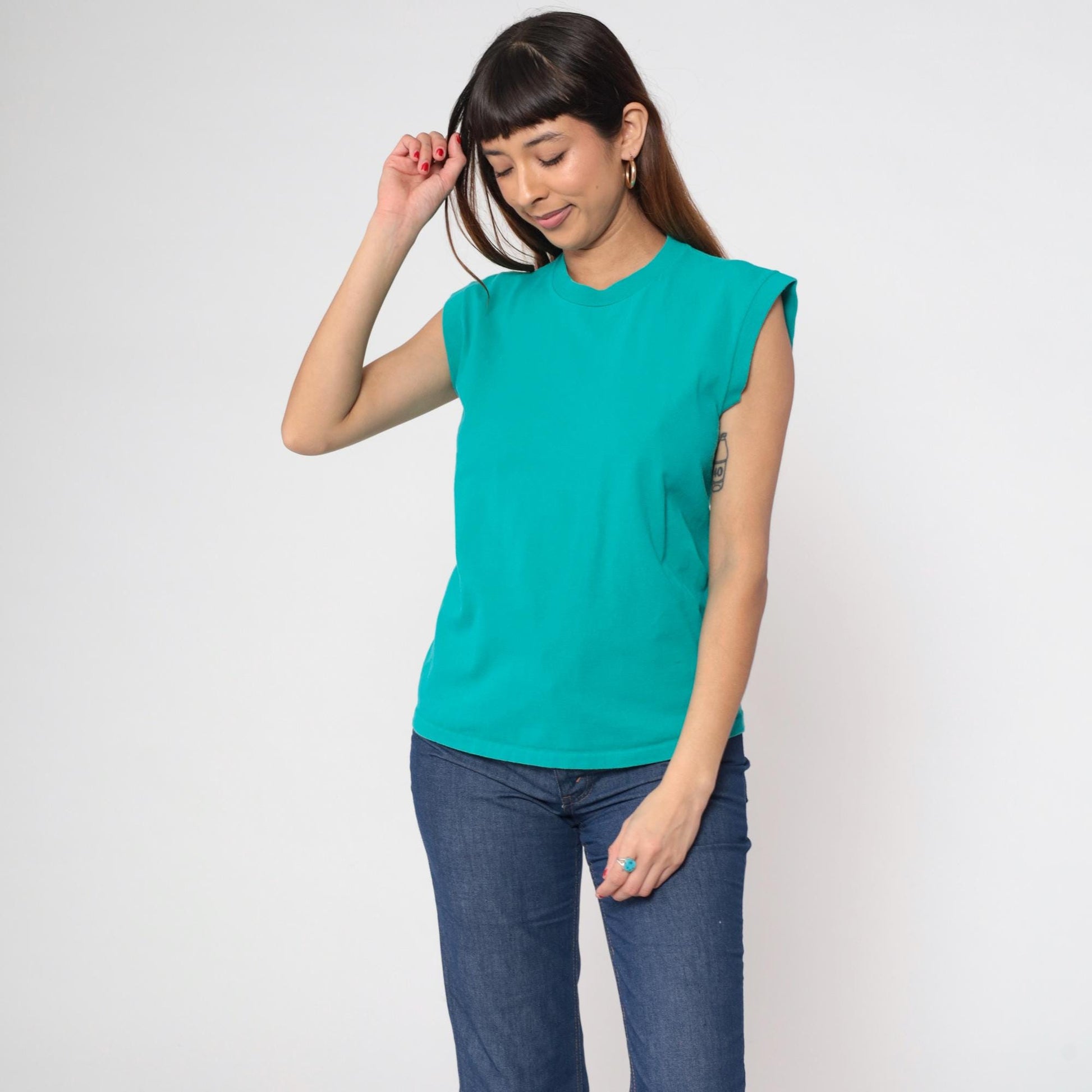 90s Towncraft Teal Muscle Tank Top Crewneck Single Stitch Cotton Small