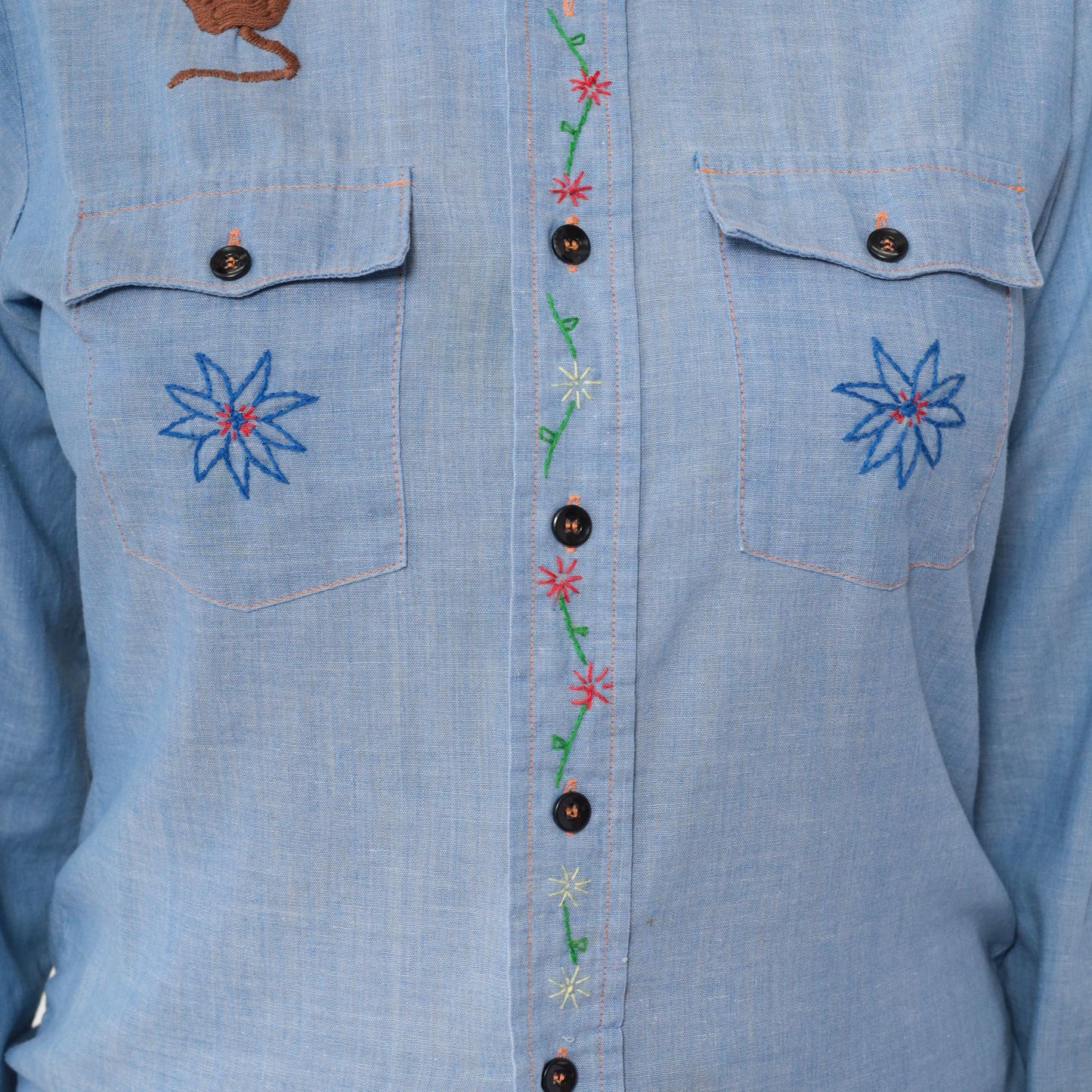70s Montgomery Ward Chambray Shirt Embroidered Saguaro Cactus Mouse Blue Small