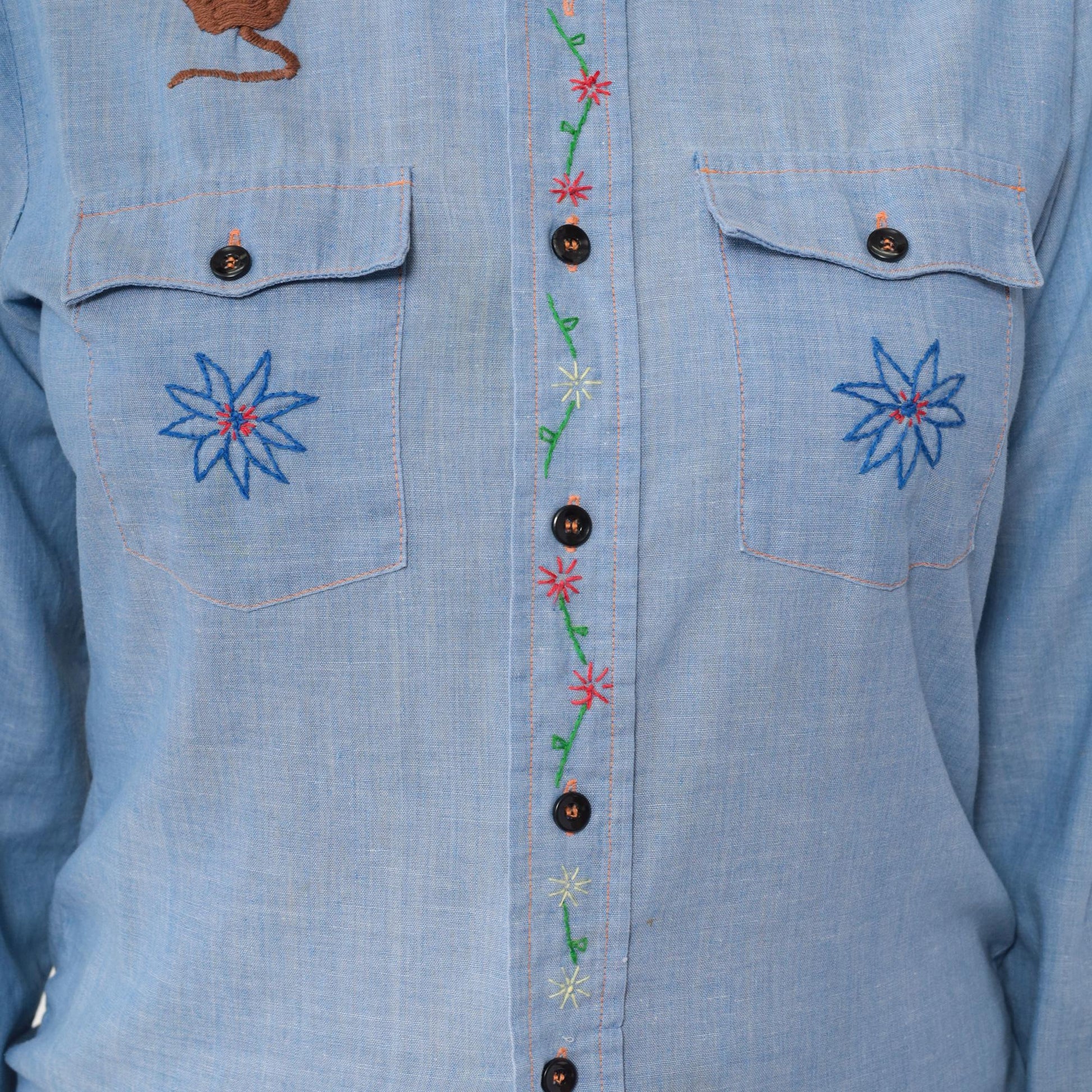 70s Montgomery Ward Chambray Shirt Embroidered Saguaro Cactus Mouse Blue Small