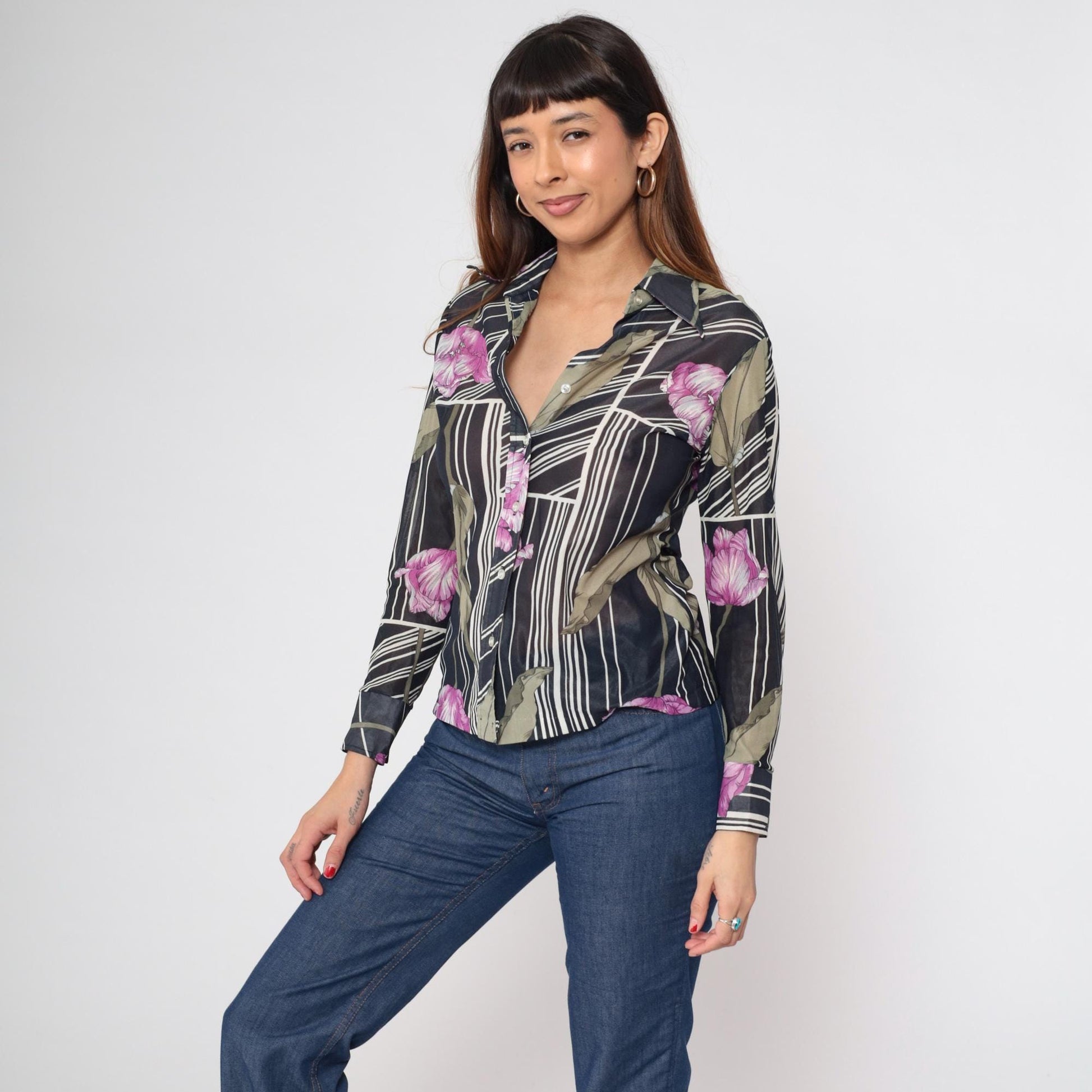 70s Sheer Floral Striped Blouse Black Dagger Collar Button Up Small