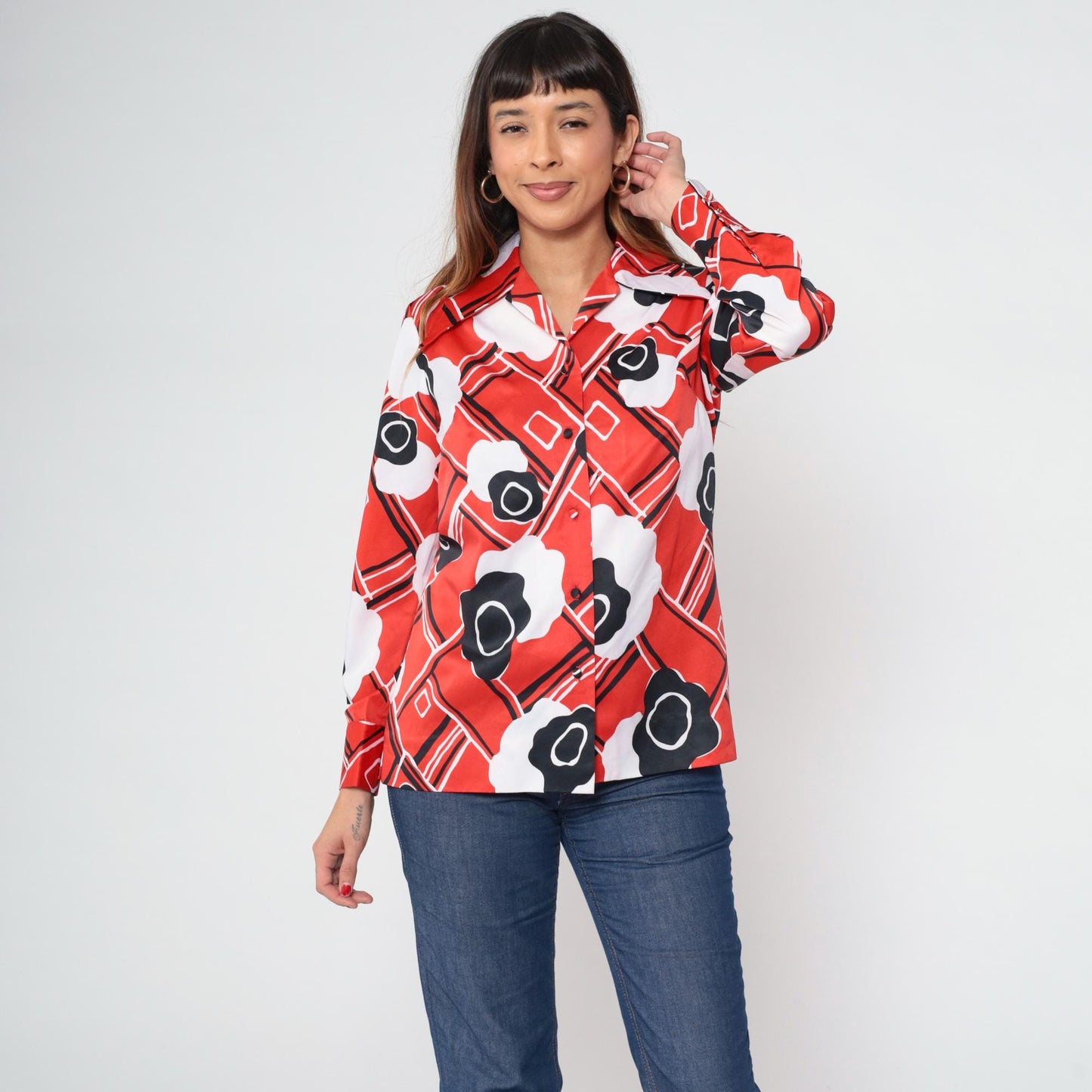 70s Print Bazaar Red Checkered Floral Button-Up Blouse Dagger Collar Medium