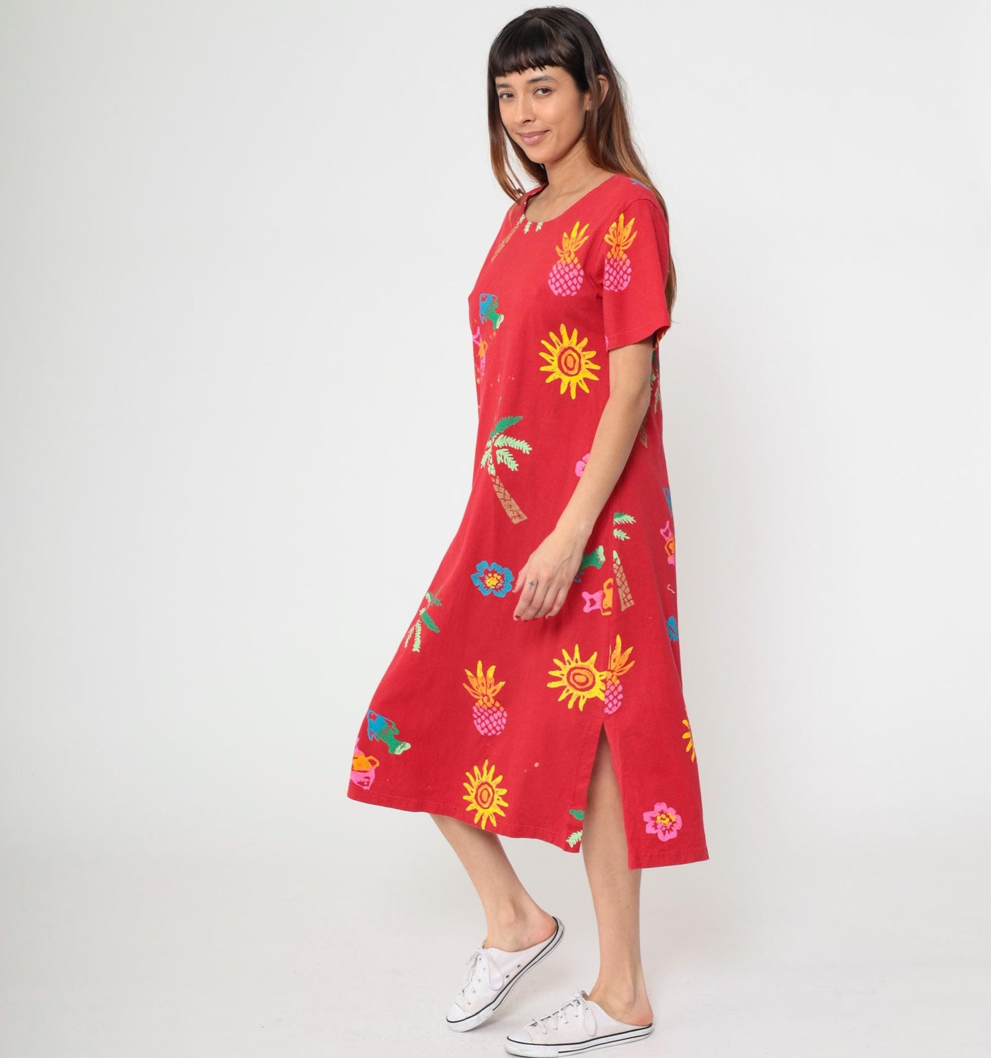 90s Coconut Bay Fish Print Midi Dress Red Tropical Shift Medium