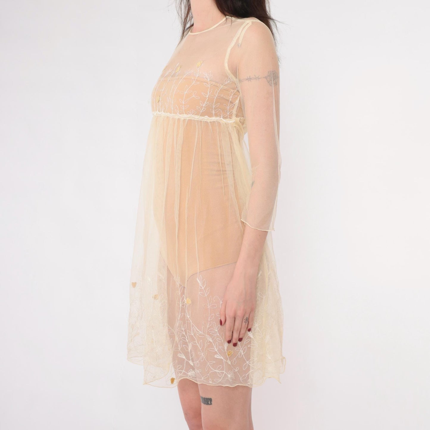 Y2K Cream Embroidered Mesh Mini Dress Empire Waist Long Sleeve Extra Small XS