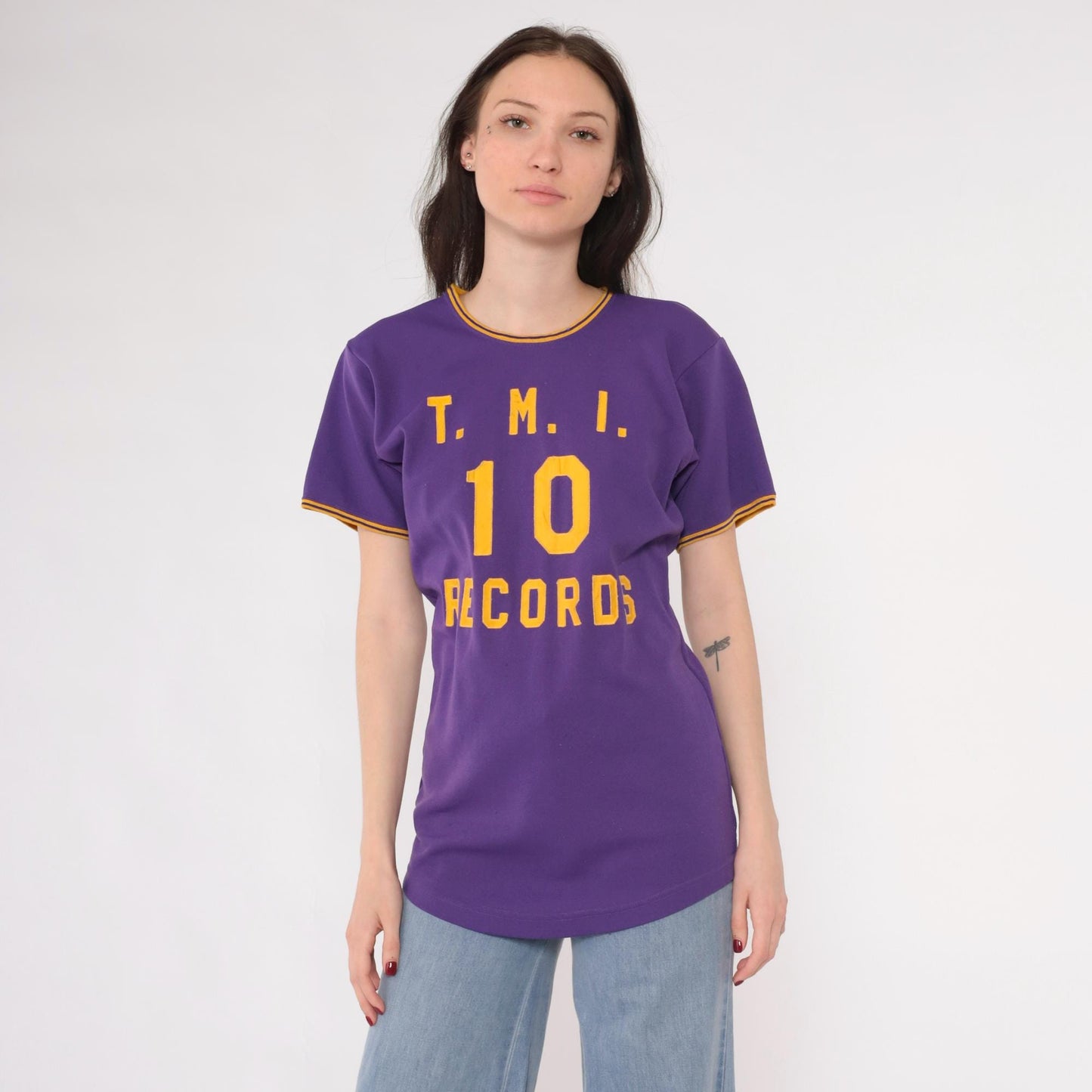 70s TMI Records Ringer Tee Purple Gold Applique Varsity Graphic Small S