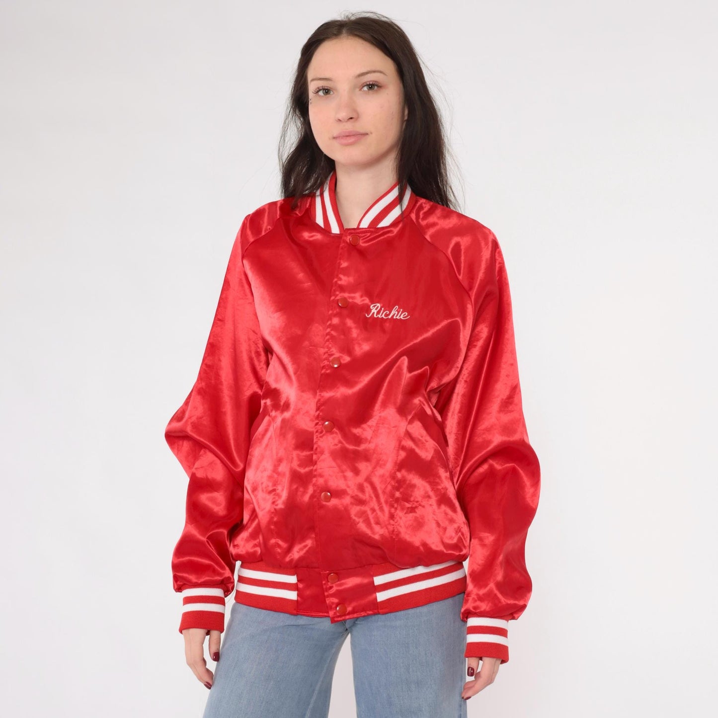 80s Red Satin Bomber Jacket Salem Farms Campground Connecticut Graphic Men's Large