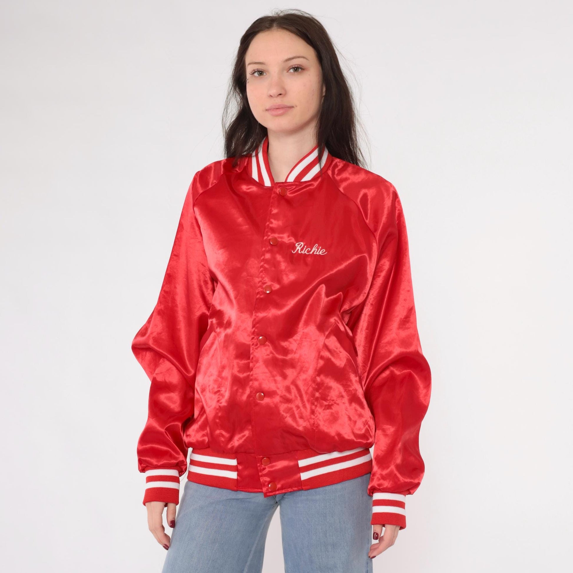 80s Red Satin Bomber Jacket Salem Farms Campground Connecticut Graphic Men's Large