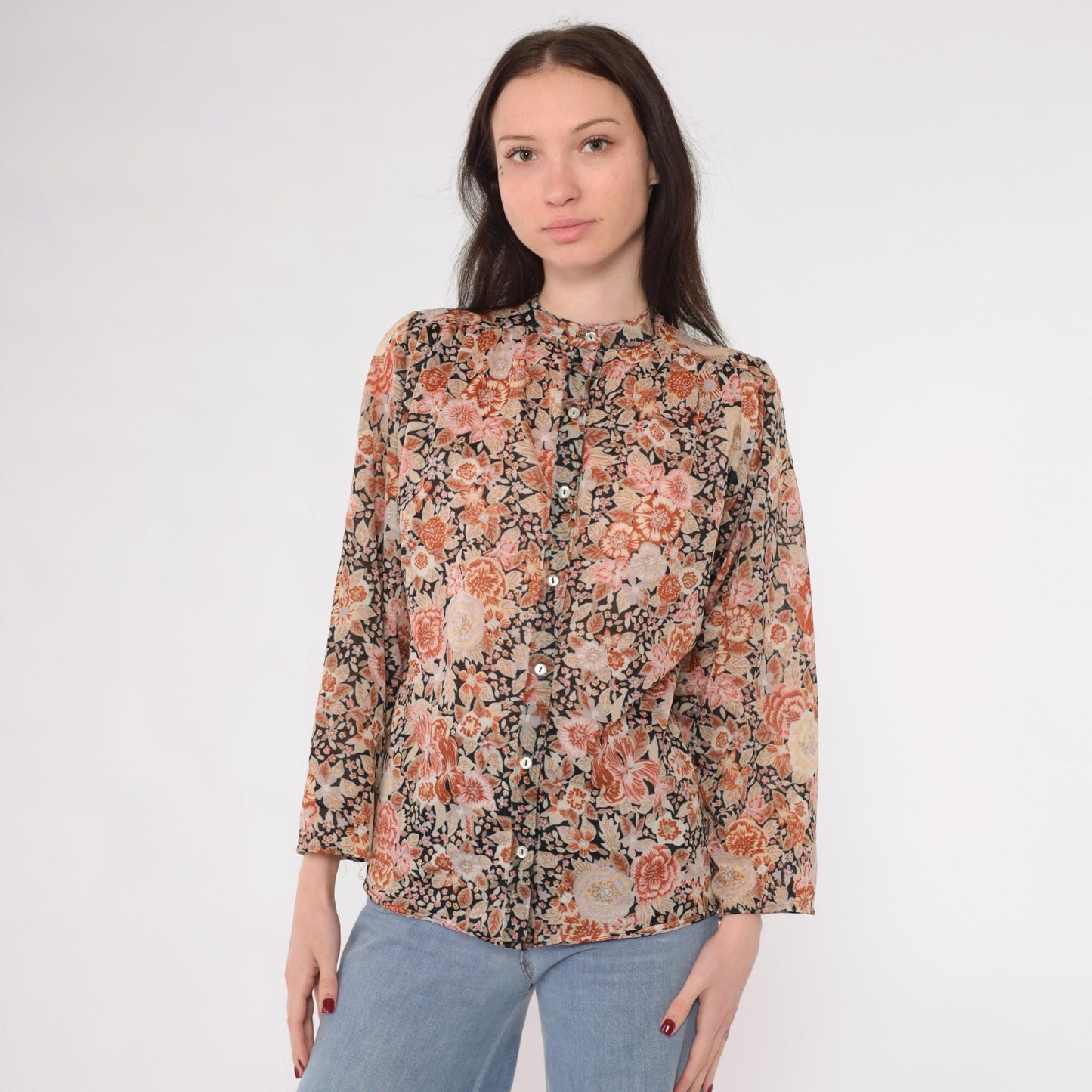 70s Floral Puff Sleeve Button-Up Blouse Burnt Orange Pink Medium M