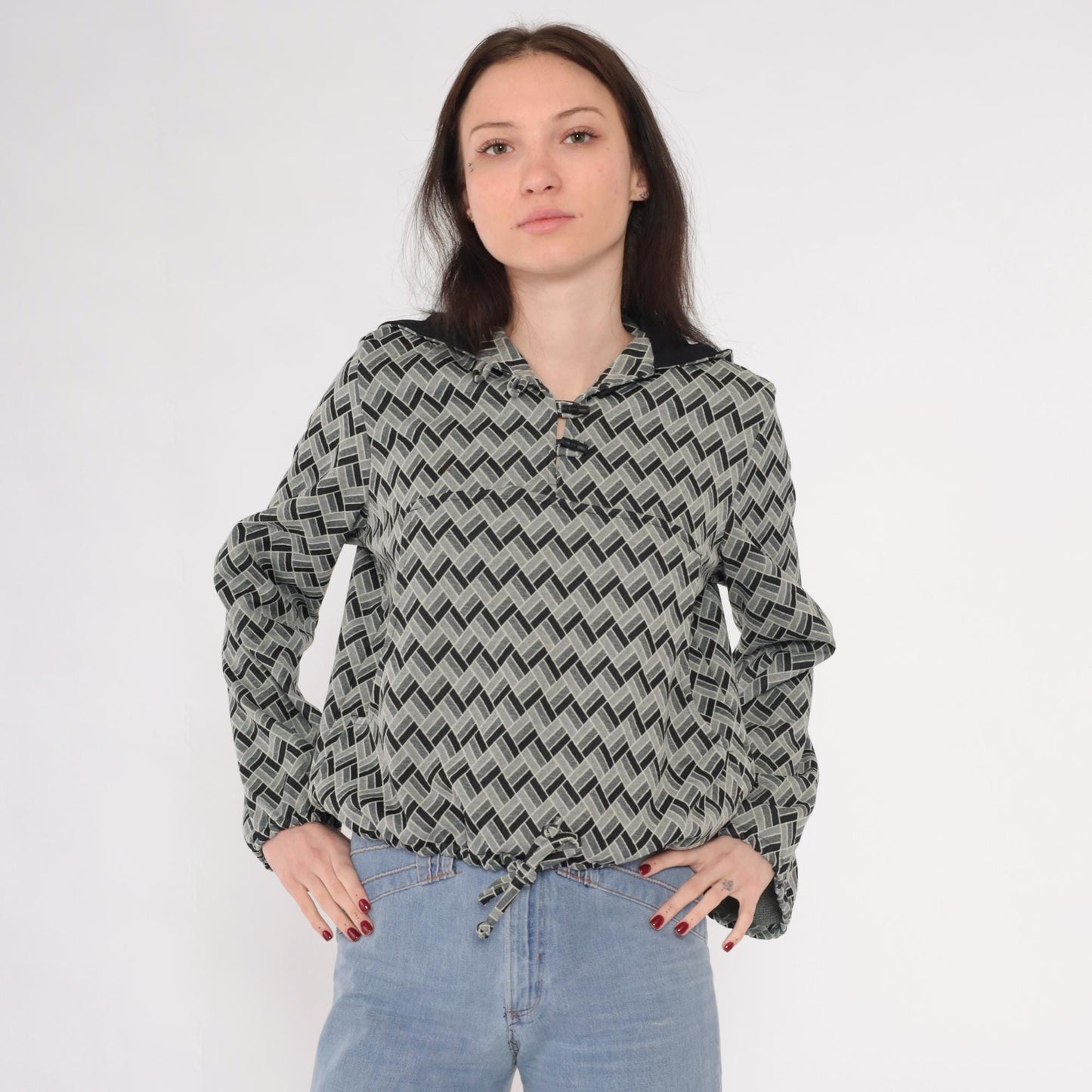 70s Geometric Print Hooded Pullover Grey Black Toggle Drawstring Medium