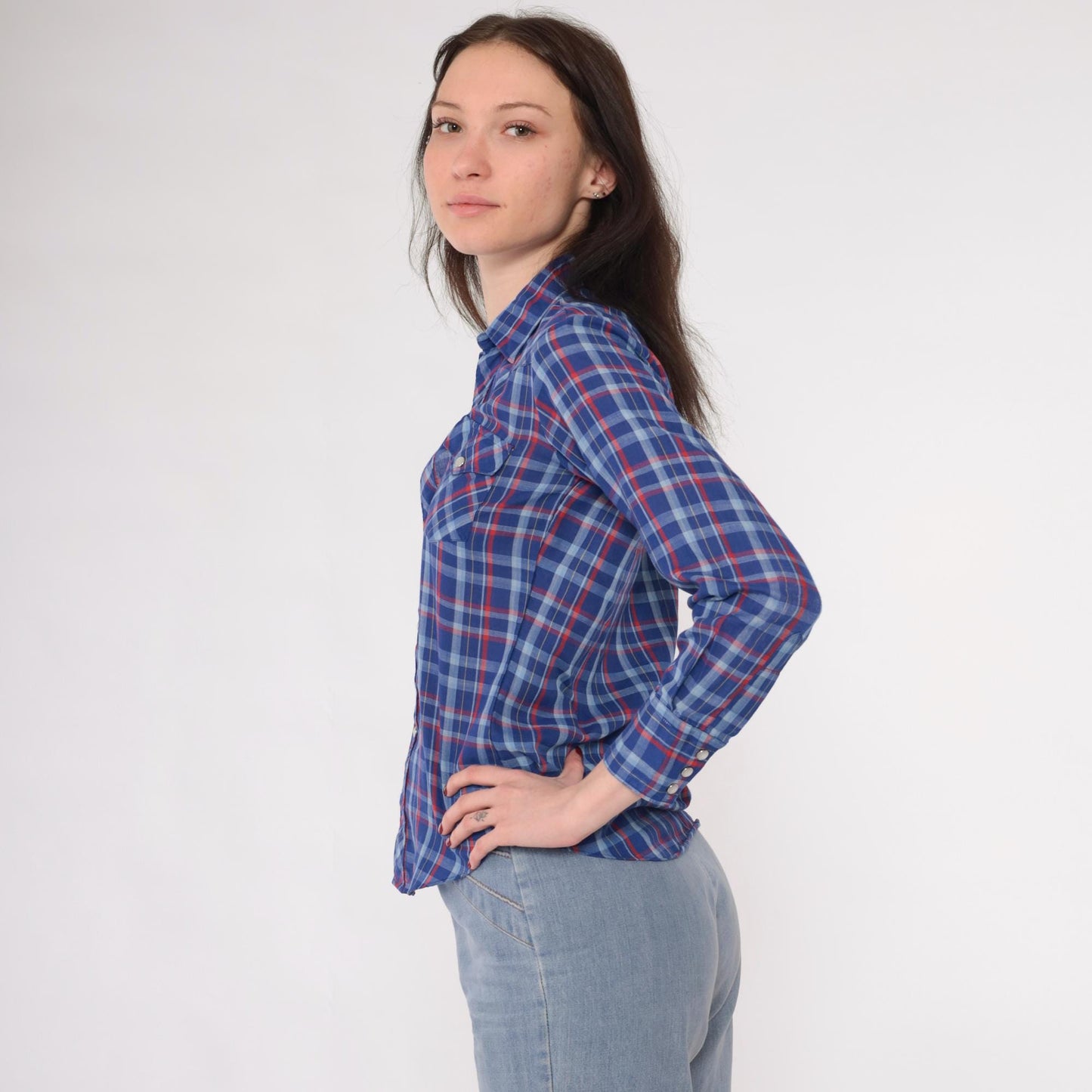 80s Royal Blue Red Plaid Western Shirt Pearl Snap Long Sleeve Extra Small XS