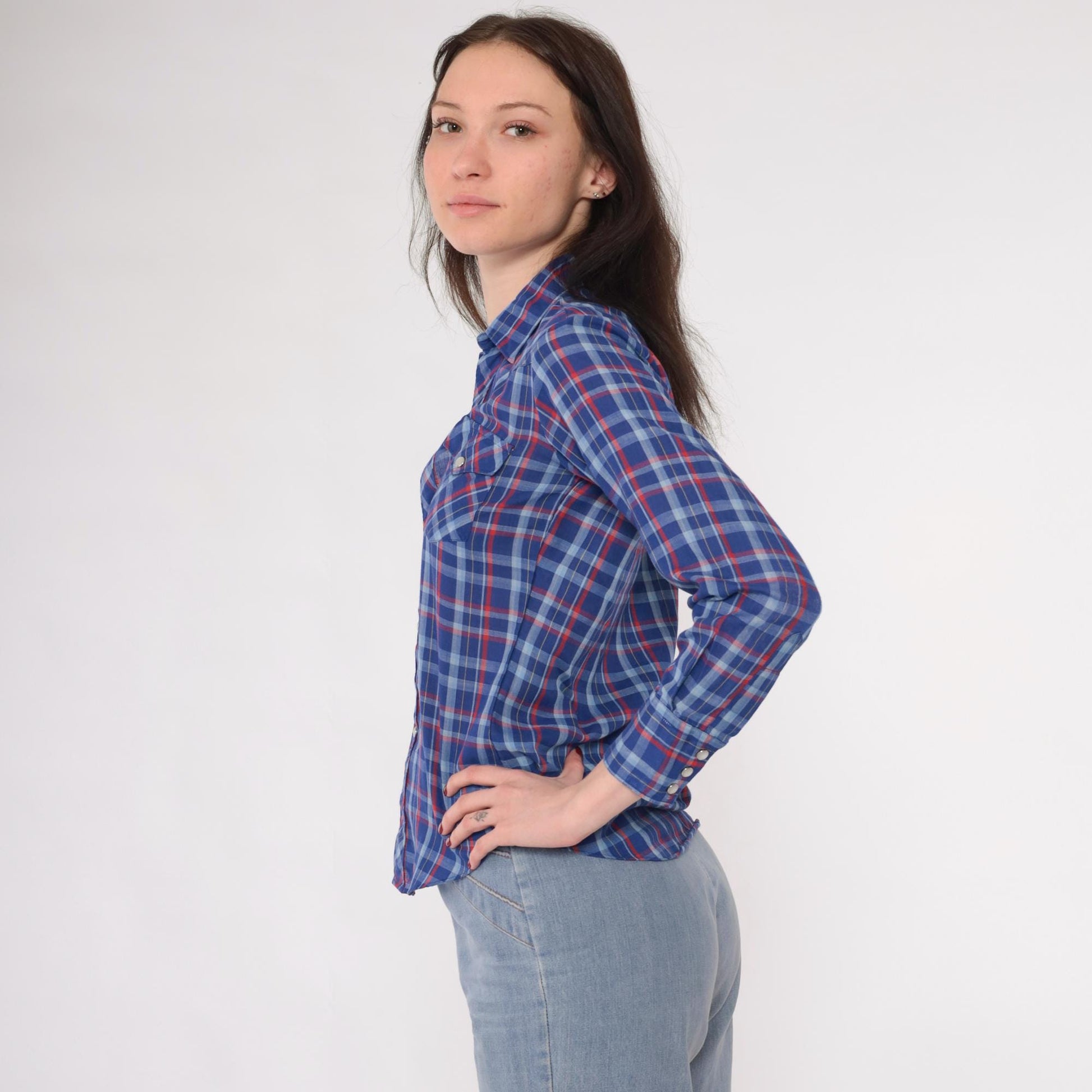80s Royal Blue Red Plaid Western Shirt Pearl Snap Long Sleeve Extra Small XS