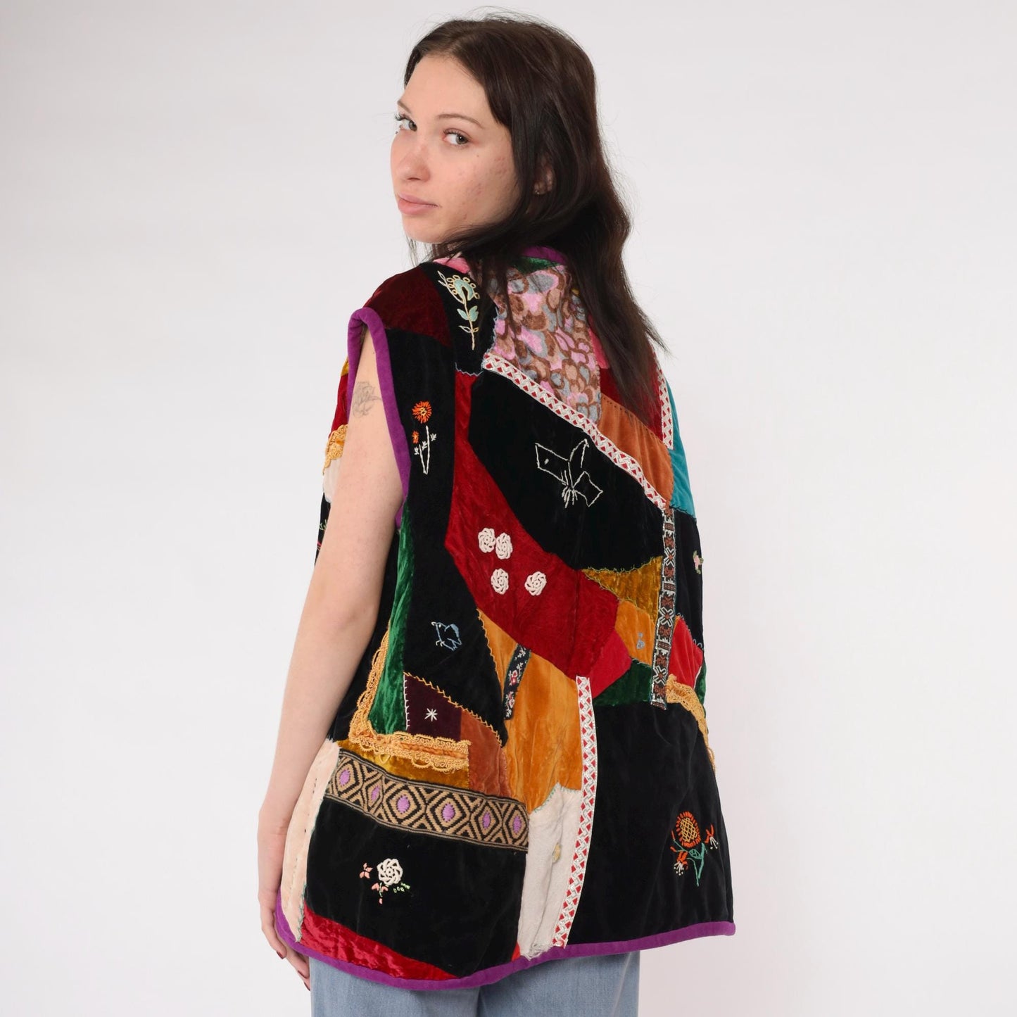 70s Velvet Patchwork Vest Embroidered Floral Bird Lace Trim Red Black Medium Large