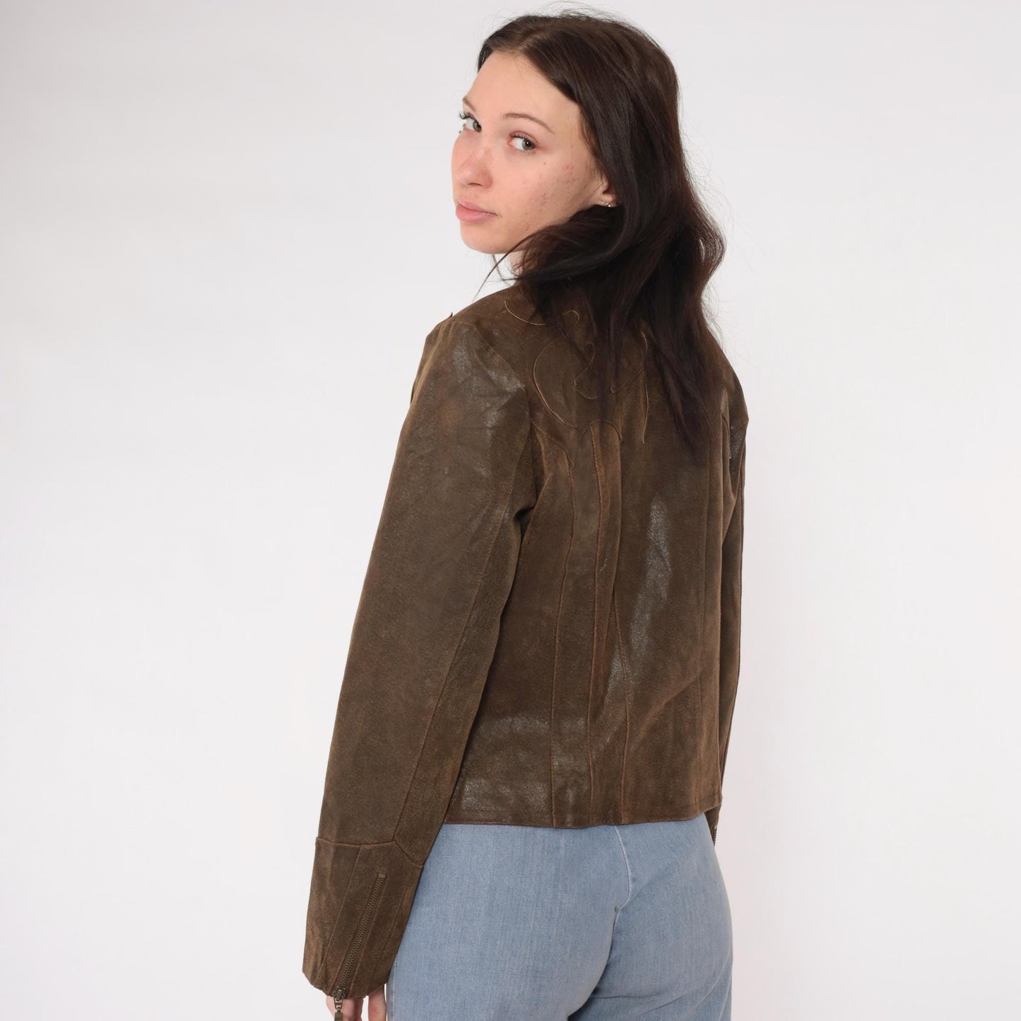Y2K Brown Leather Moto Jacket Western Flame Applique Fitted Zip Small S