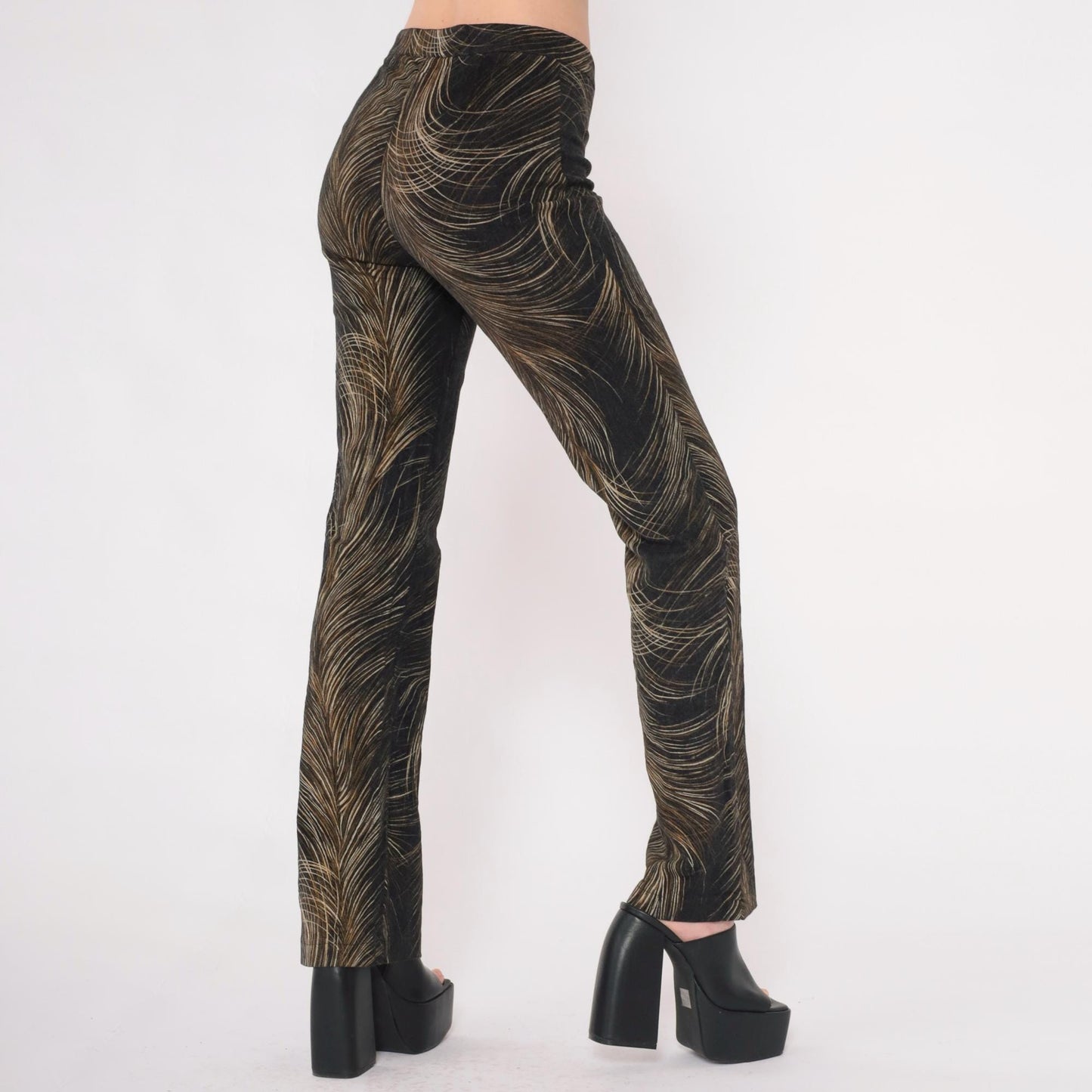 Y2K Cache Feather Print Flared Pants Brown Mid Rise Extra Small