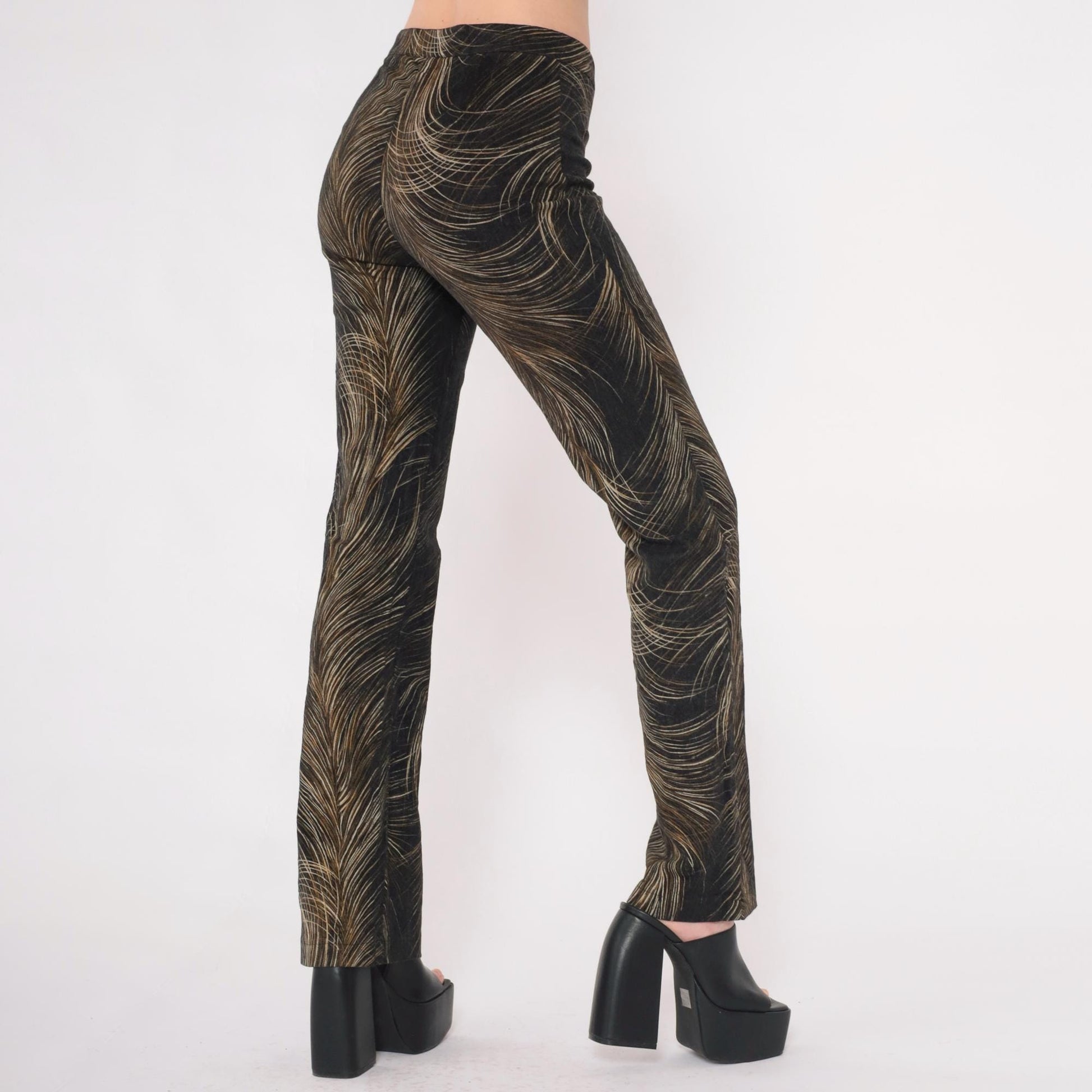 Y2K Cache Feather Print Flared Pants Brown Mid Rise Extra Small