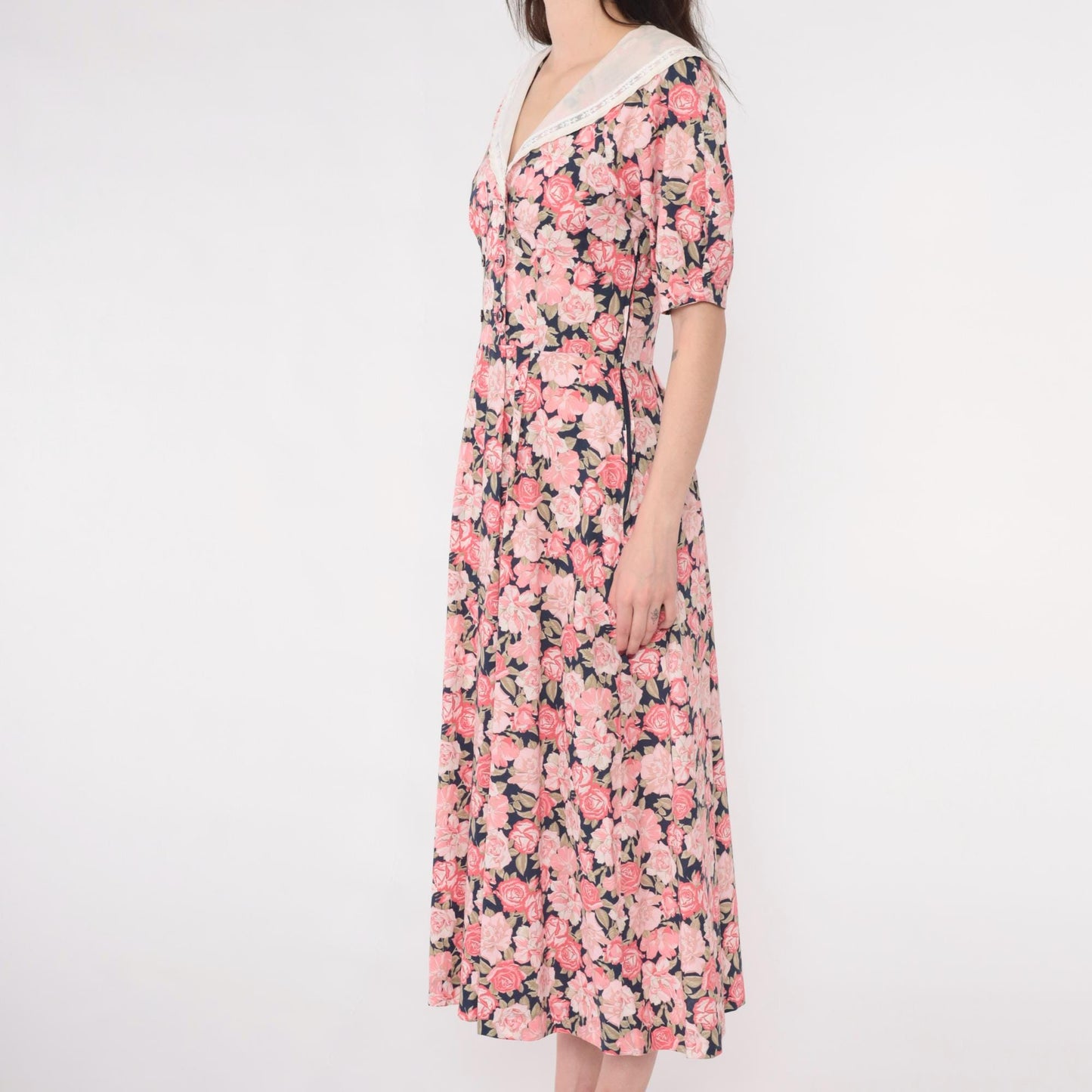 80s Laura Ashley Pink Floral Midi Dress Puff Sleeve Double Breasted Small