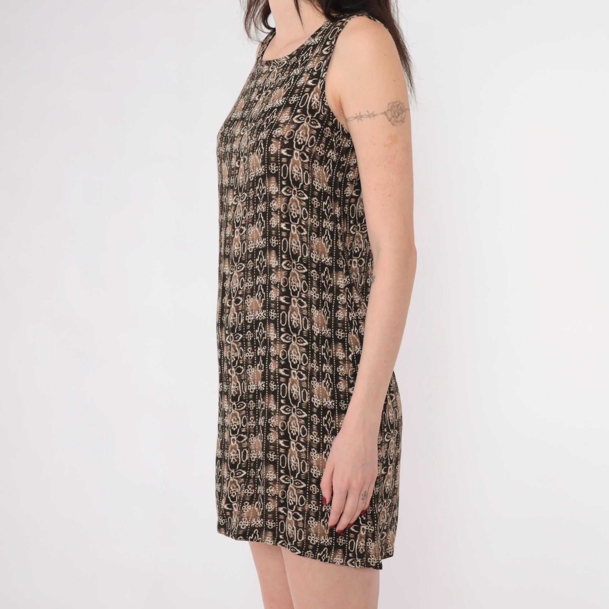 90s Geometric Mini Shift Dress Tan Brown Sleeveless Extra Small