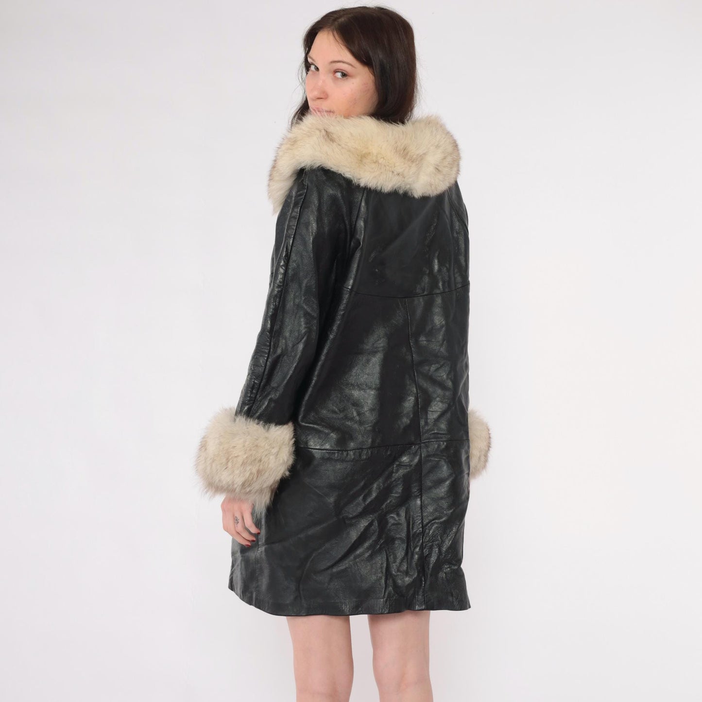 70s Black Leather Jacket Fur Collar Cuffs Button Front Medium