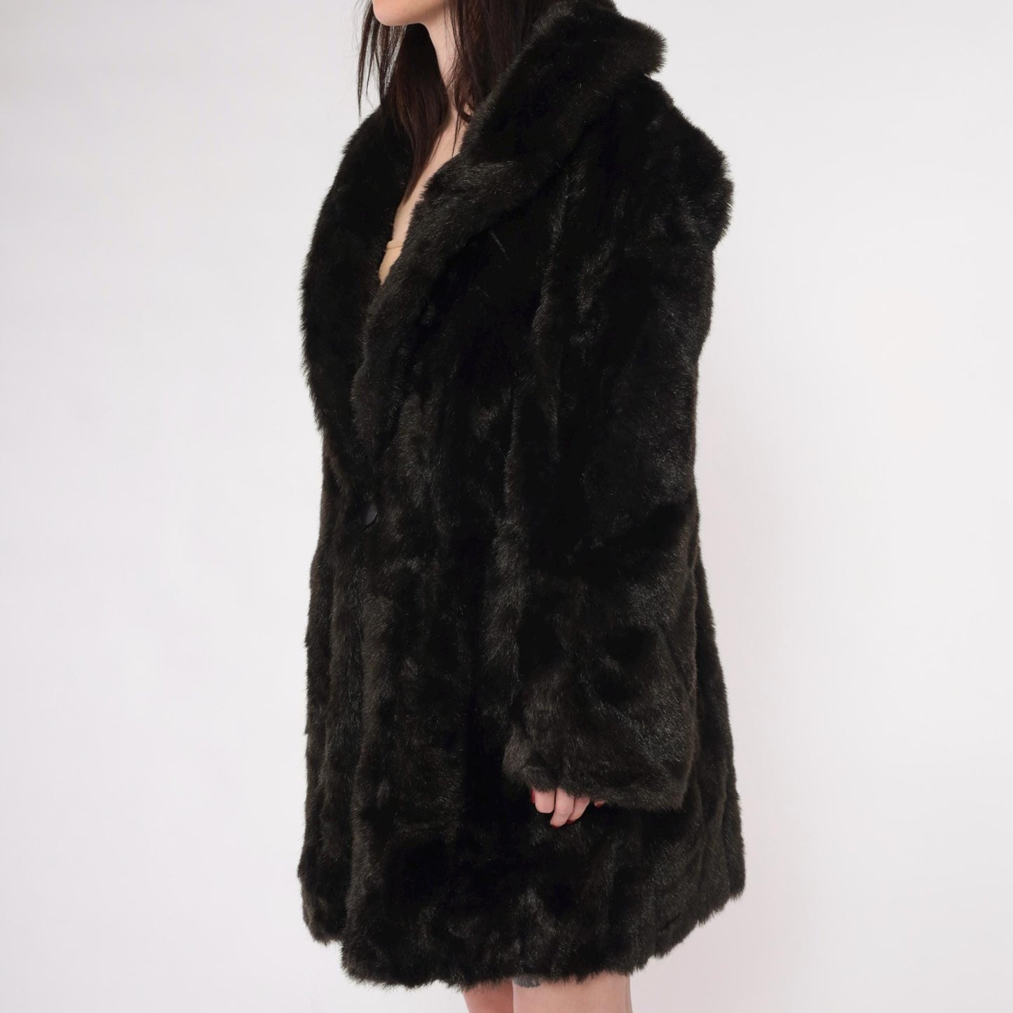 70s Dark Brown Faux Fur Coat Single Button Vintage Seventies Large L
