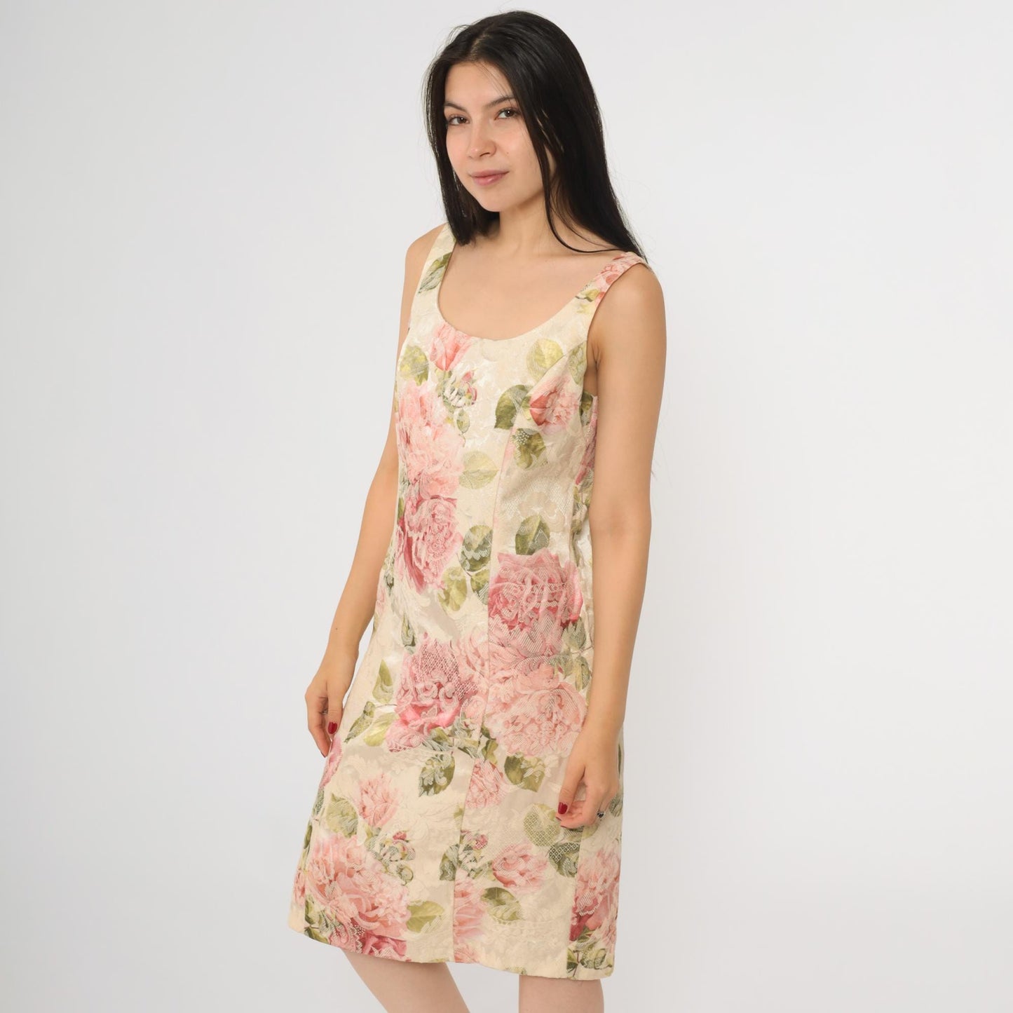 90s Newport News Floral Jacquard Sheath Dress Cream Pink Mini Small