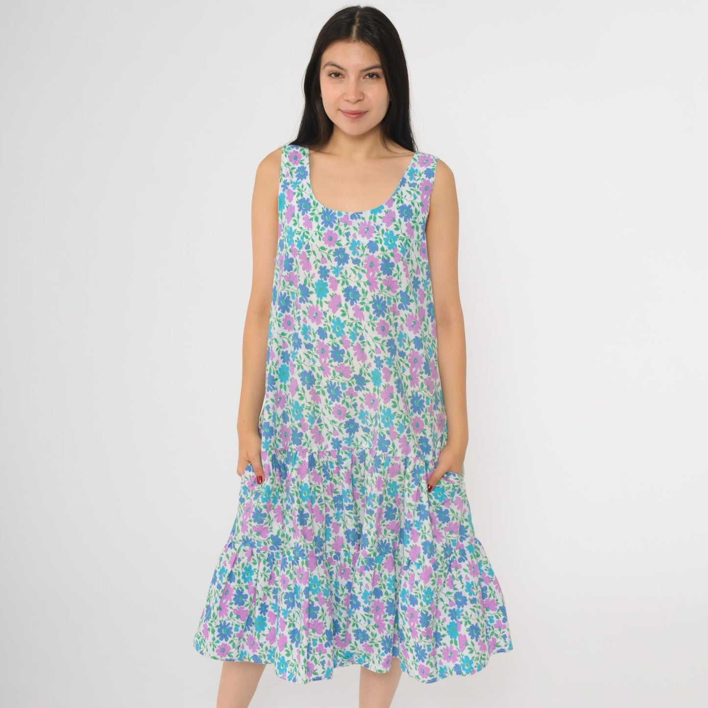 80s Floral Midi Dress White Blue Purple Tiered Drop Waist Sleeveless Medium