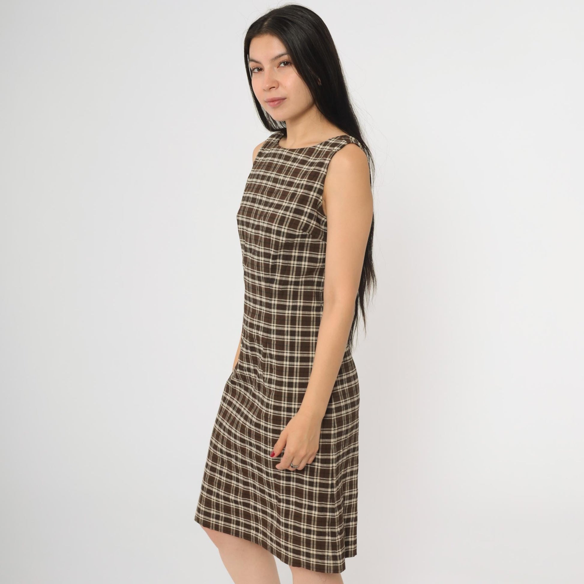 Y2K Brown Plaid Sheath Dress Sleeveless Scoop Back Knee Length Small 5
