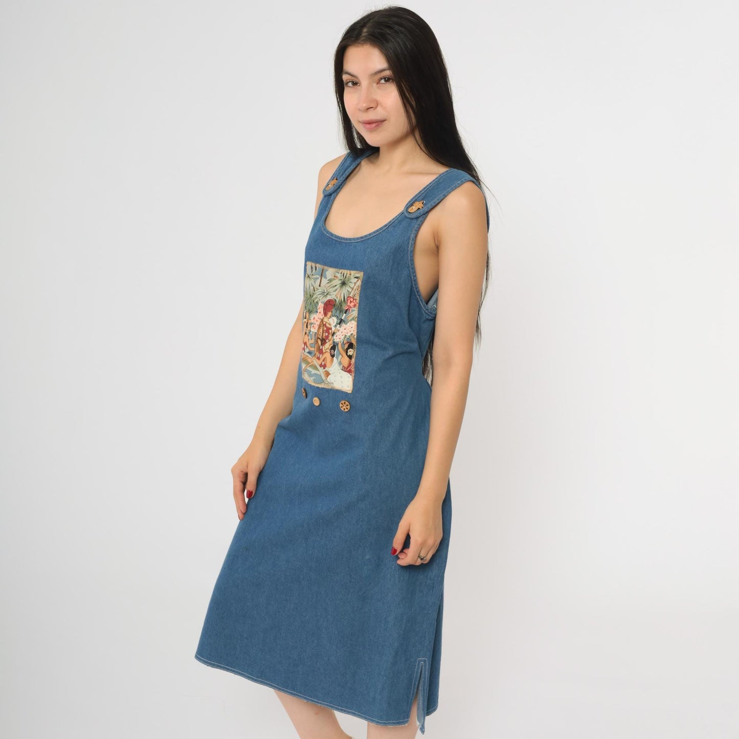 90s Hawaiian Denim Jumper Dress Tropical Print Midi Medium Petite