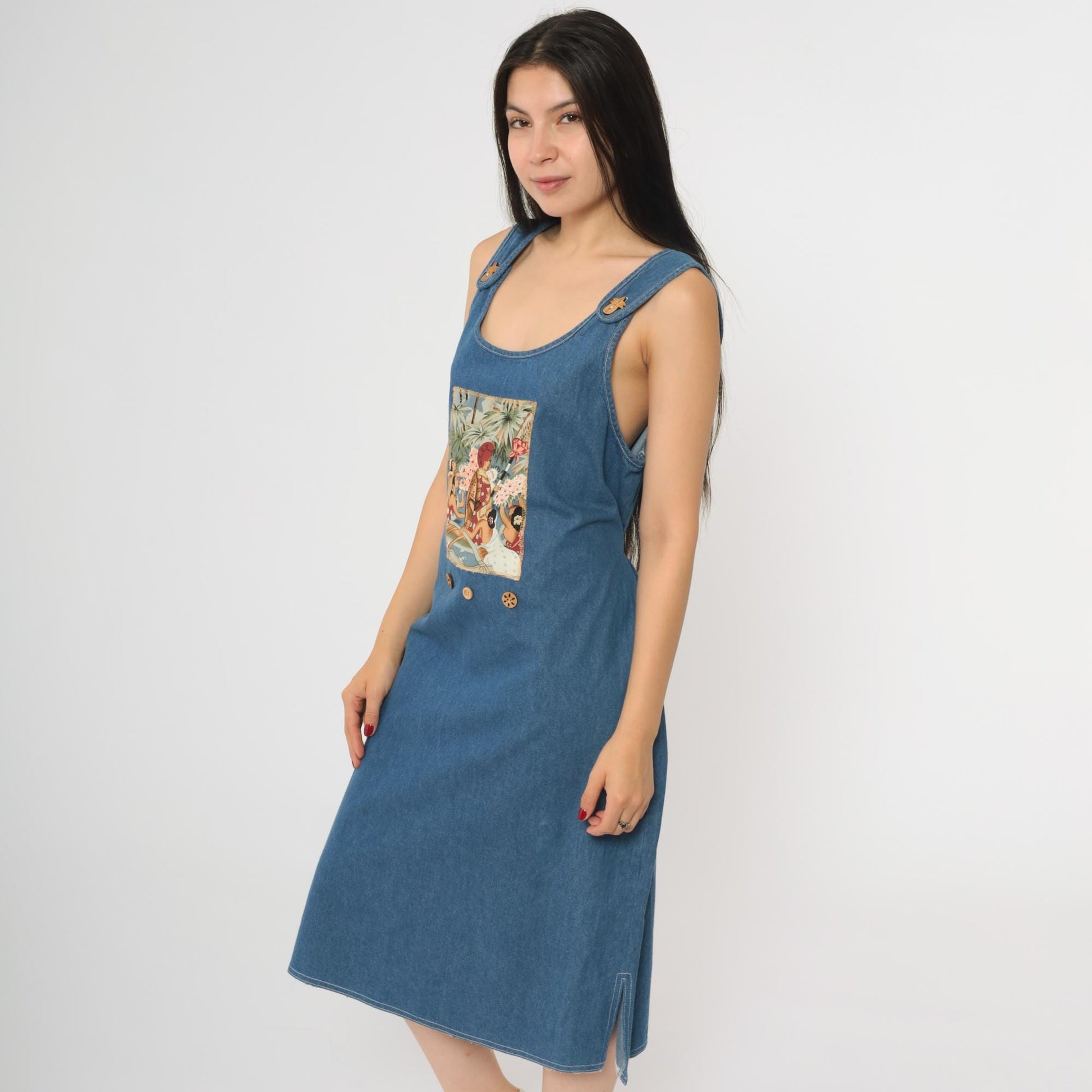 90s Hawaiian Denim Jumper Dress Tropical Print Midi Medium Petite