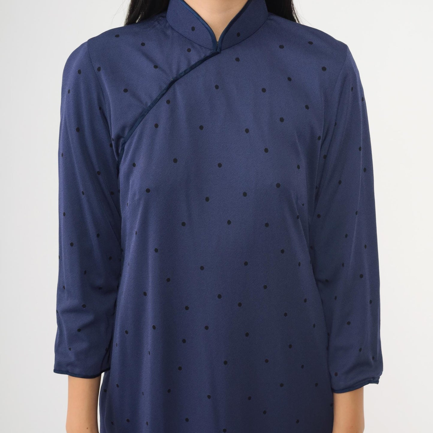 80s Navy Polka Dot Cheongsam Midi Dress Mandarin Collar Side Slit Medium M