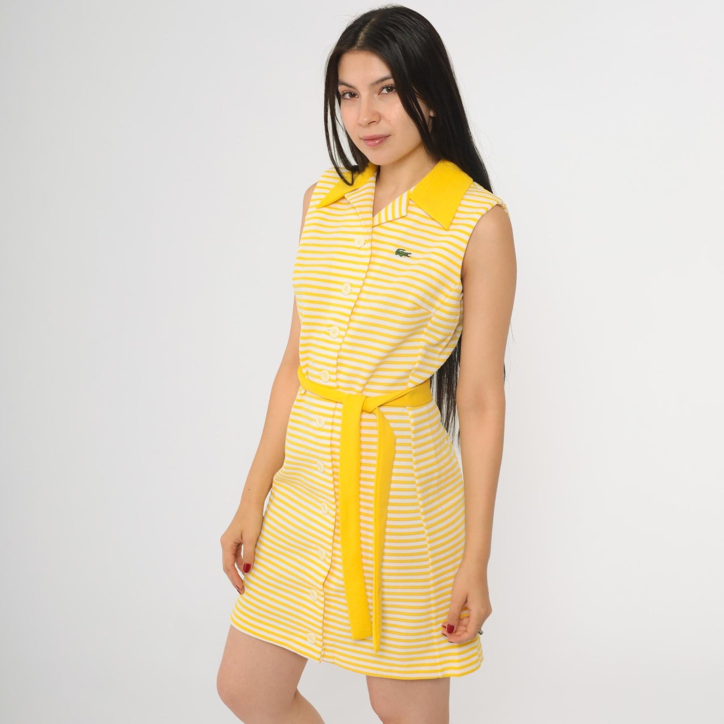 60s Chemise Lacoste Yellow Striped Shift Mini Dress Crocodile Logo Small