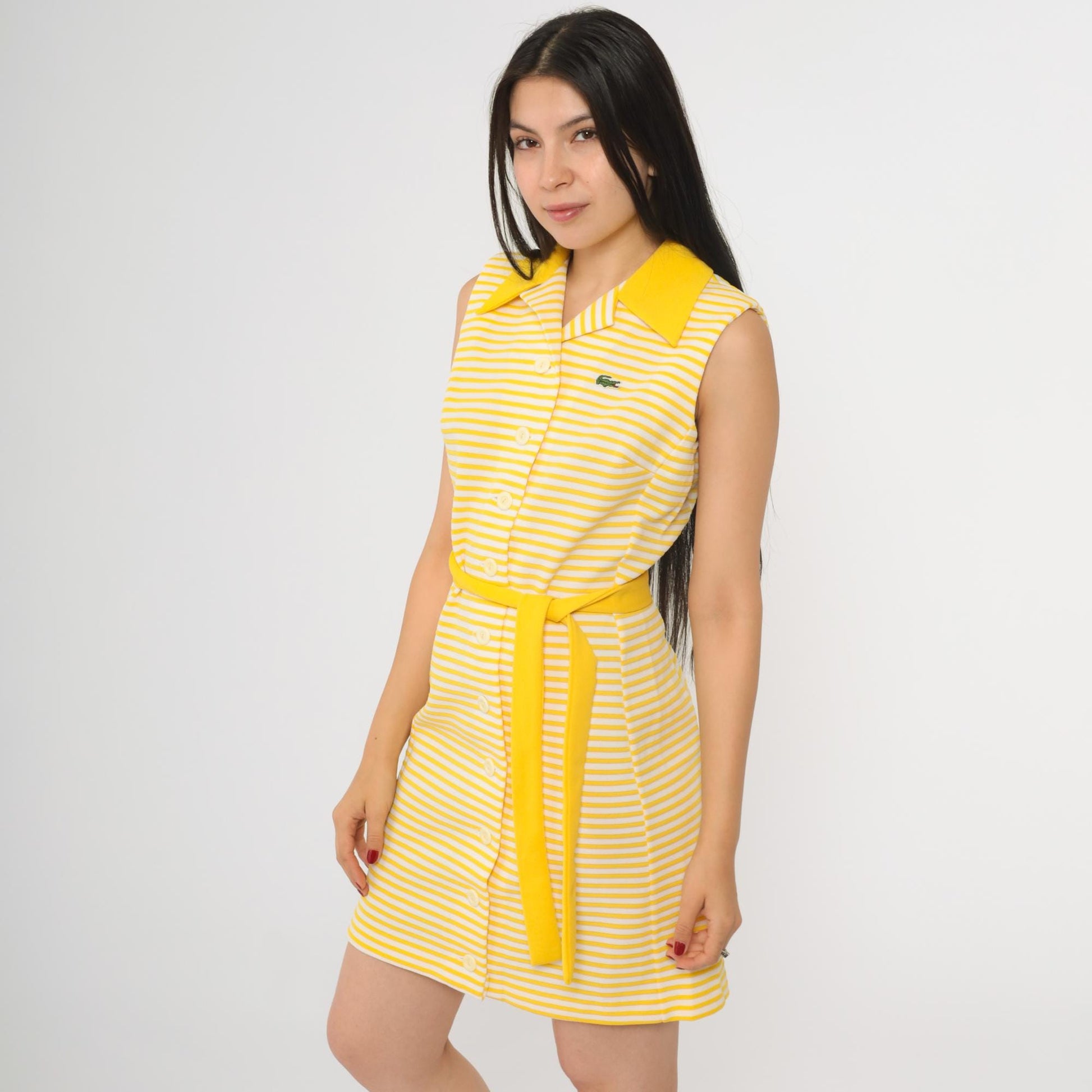 60s Chemise Lacoste Yellow Striped Shift Mini Dress Crocodile Logo Small