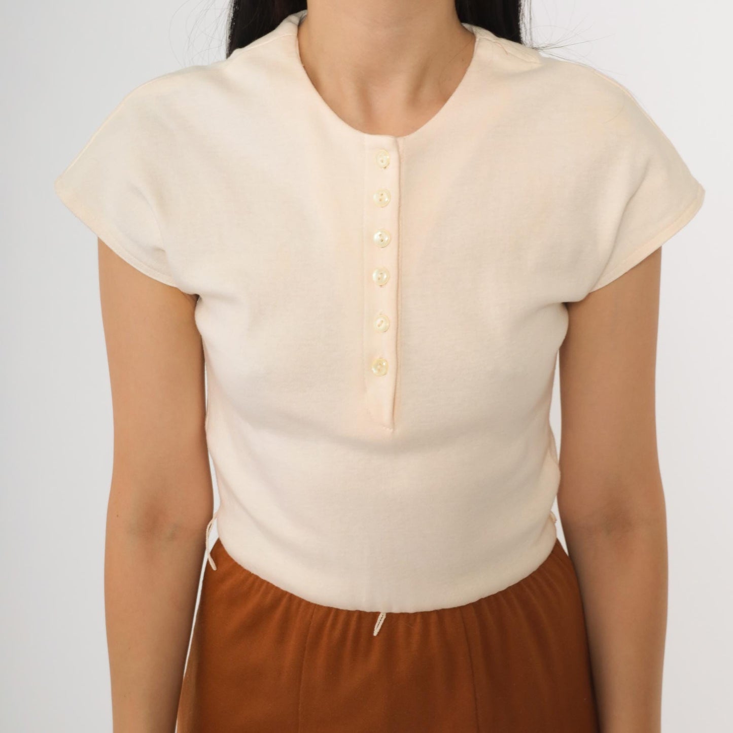 80s Cream Burnt Orange Knit Midi Shirtdress Button Up Cap Sleeve Extra Small