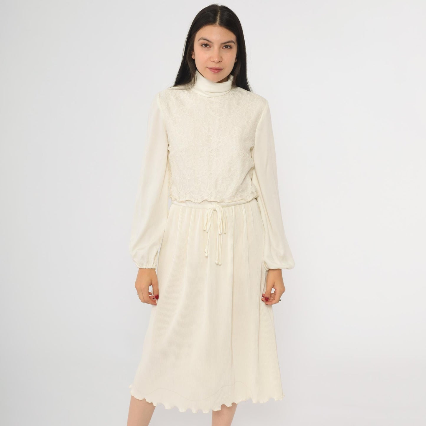 70s Cream Lace Midi Dress Turtleneck Pleated High Waist Long Sleeve Small S