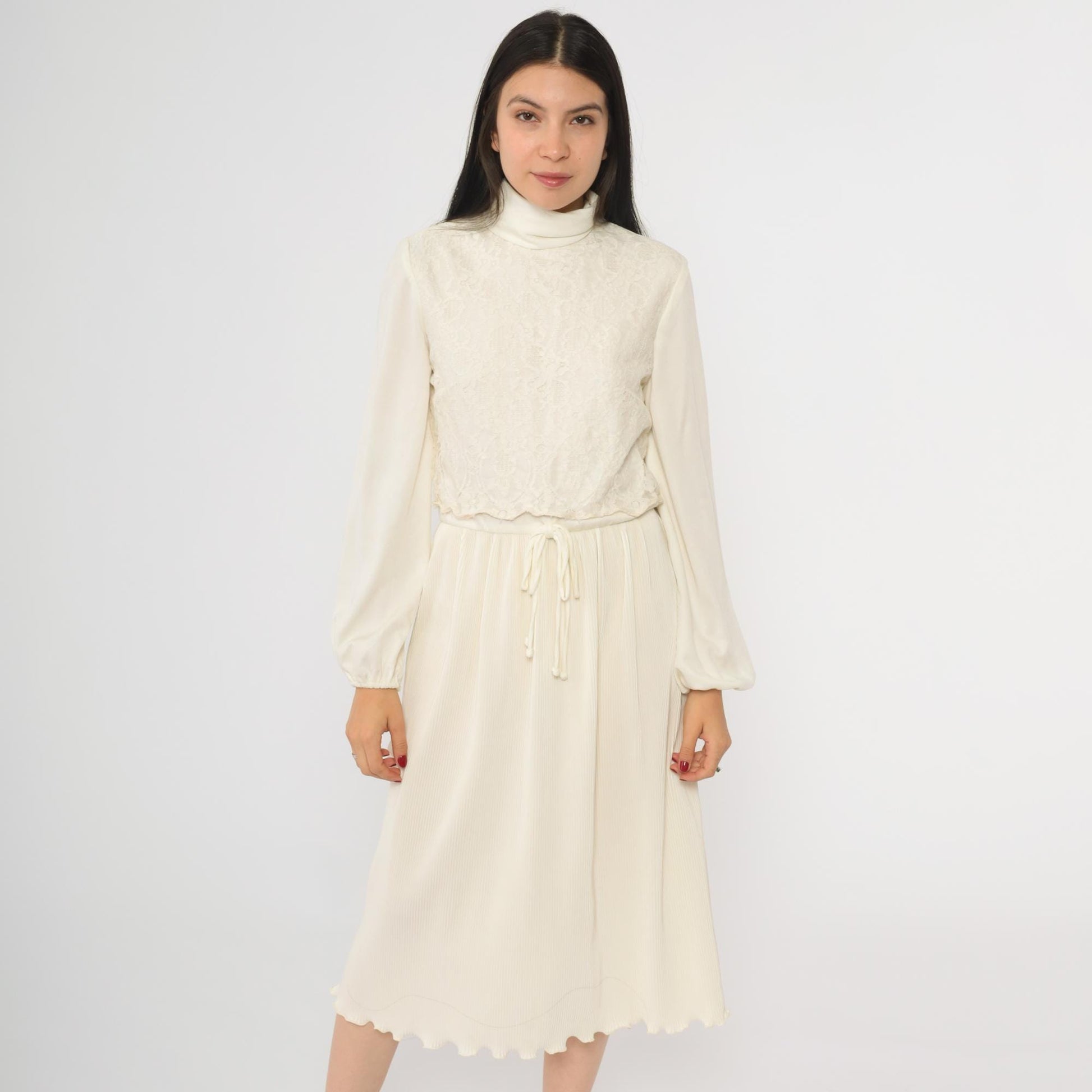 70s Cream Lace Midi Dress Turtleneck Pleated High Waist Long Sleeve Small S