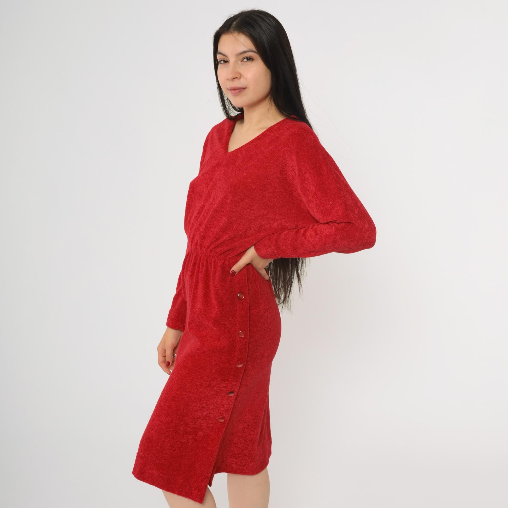 70s Red Terrycloth Midi Dress Dolman Sleeve V-Neck High Waist Small S