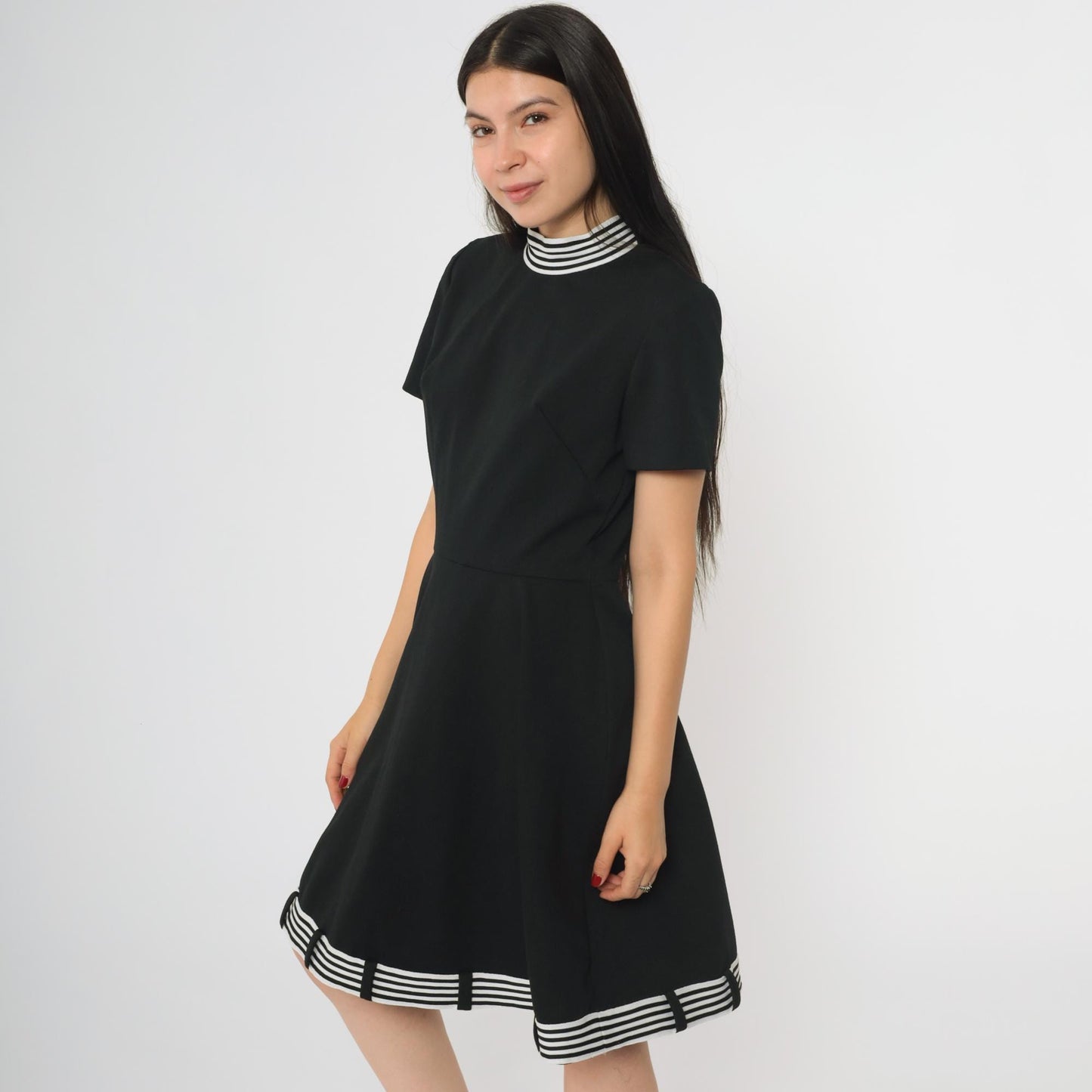 60s Black Mod Shift Dress White Striped Mock Neck Mini Small S