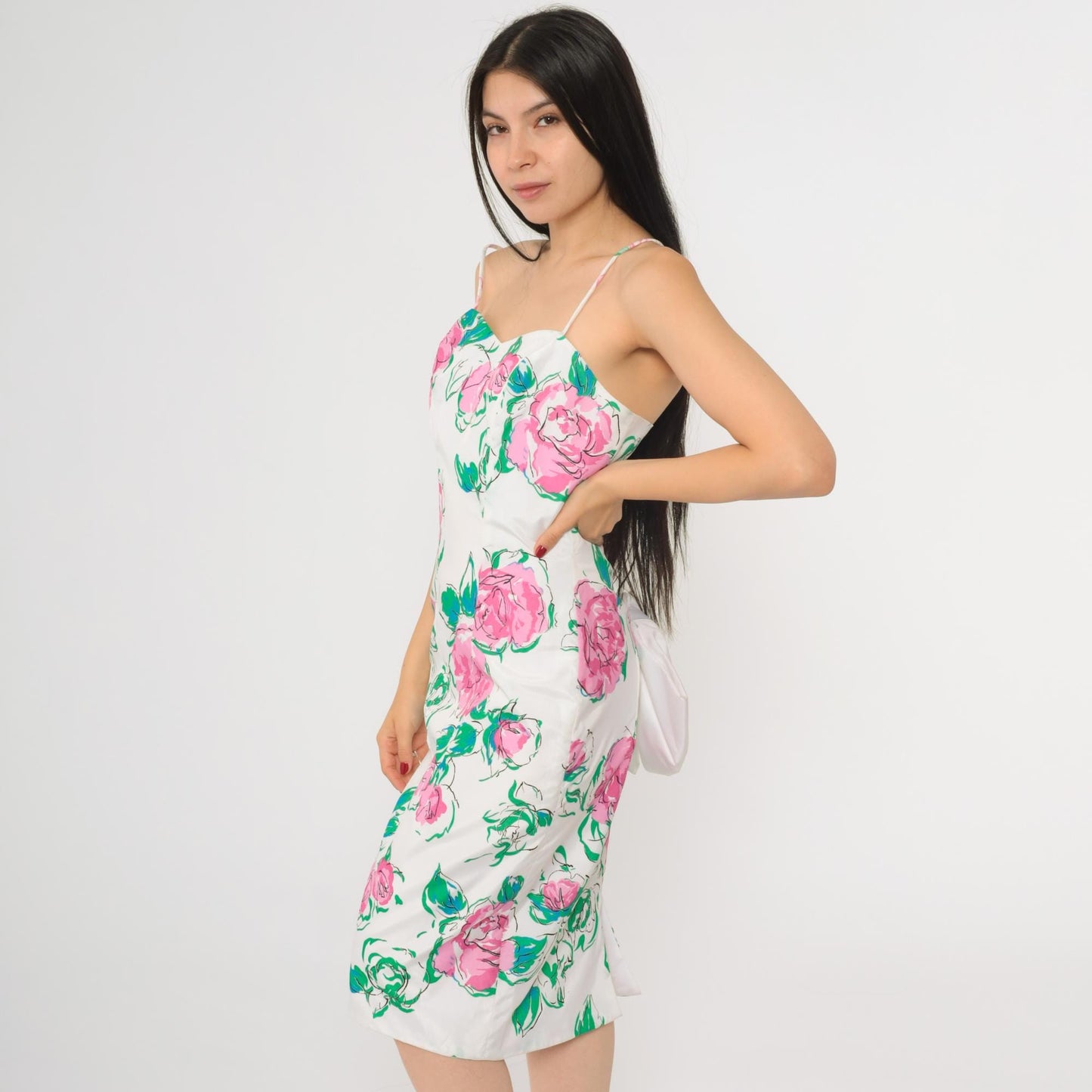 80s White Floral Sweetheart Midi Dress Pink Green Bow Back Small