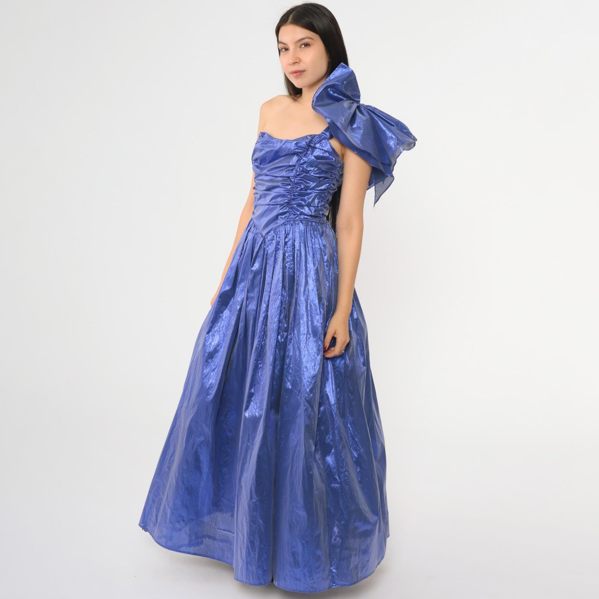 80s Gunne Sax Metallic Purple Taffeta One-Shoulder Ball Gown Maxi Extra Small