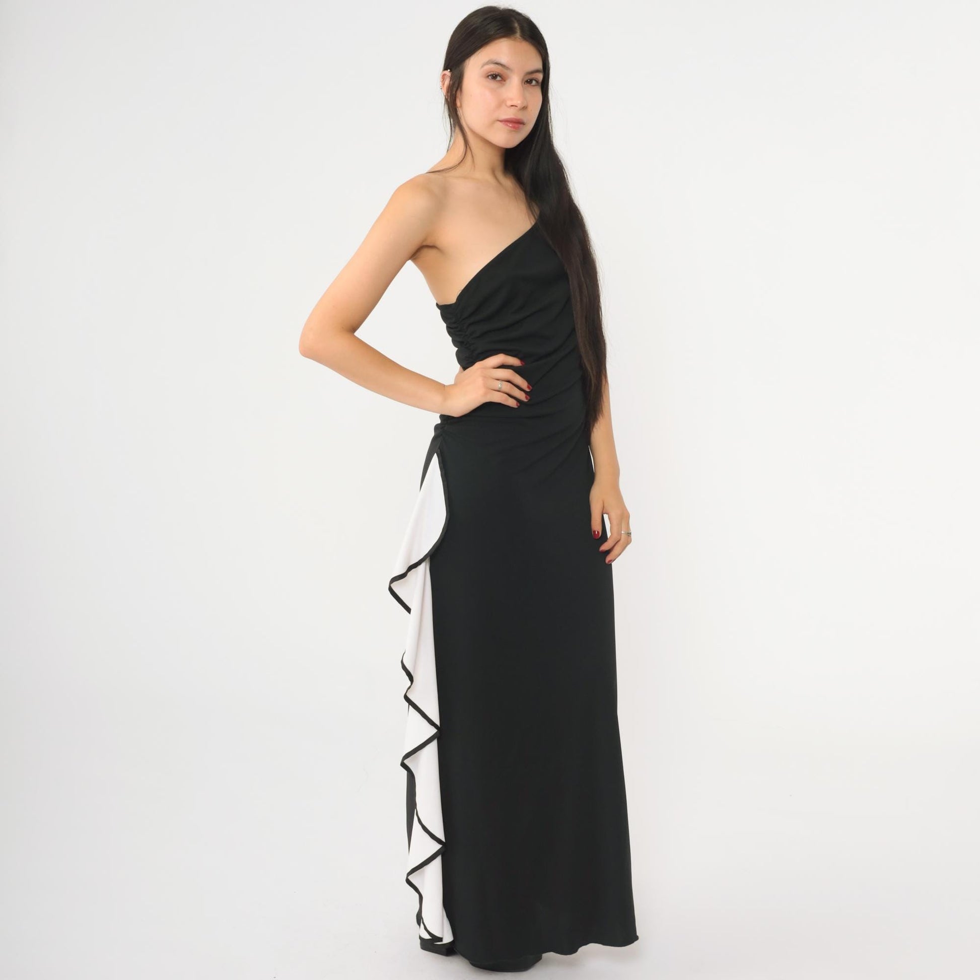 Y2K Black One-Shoulder Maxi Dress White Ruffled Column Bodycon Small